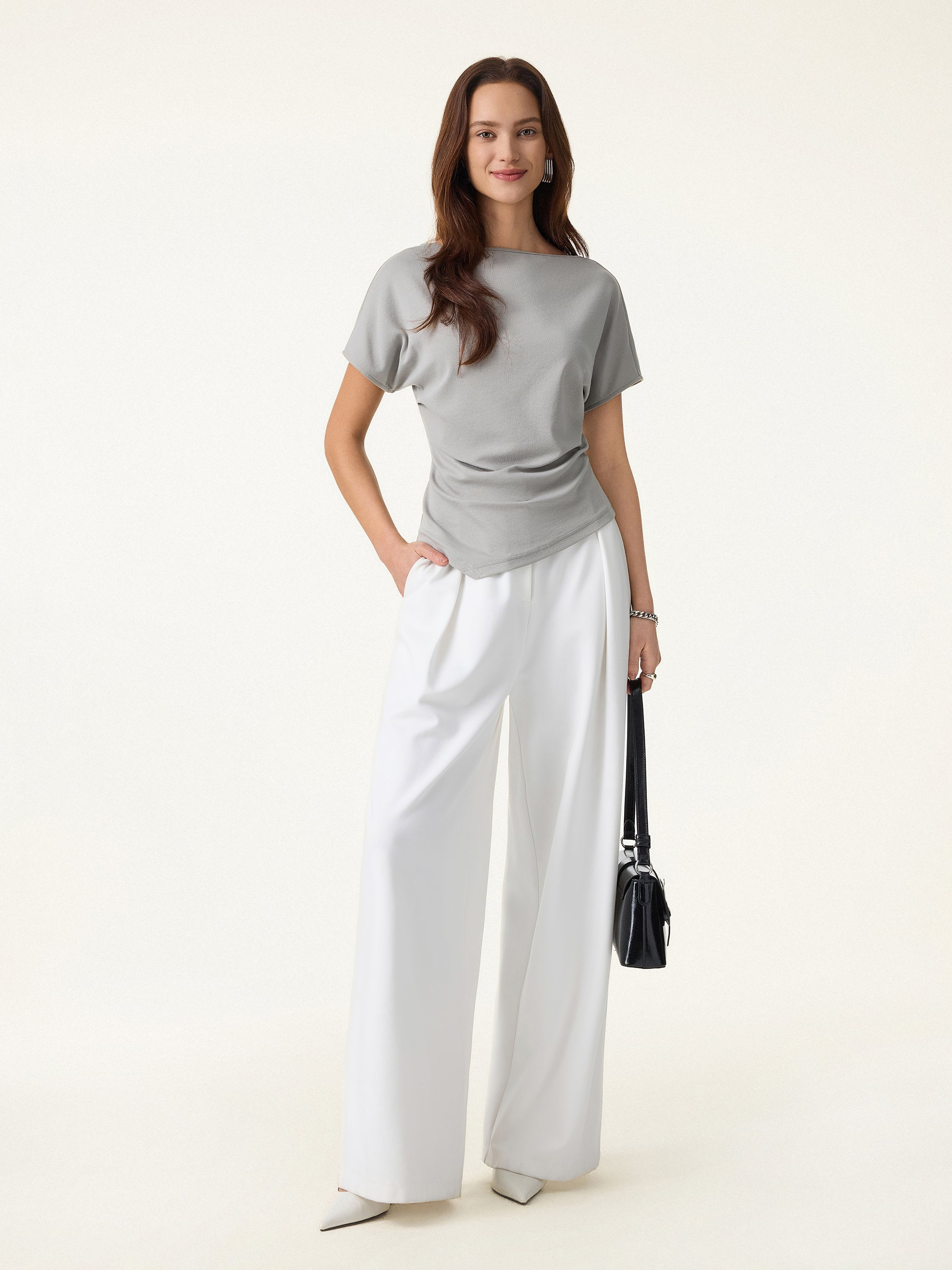2Pcs Set Boatneck Angled Tee & Mid Rise Wide Leg Trousers - Image 10