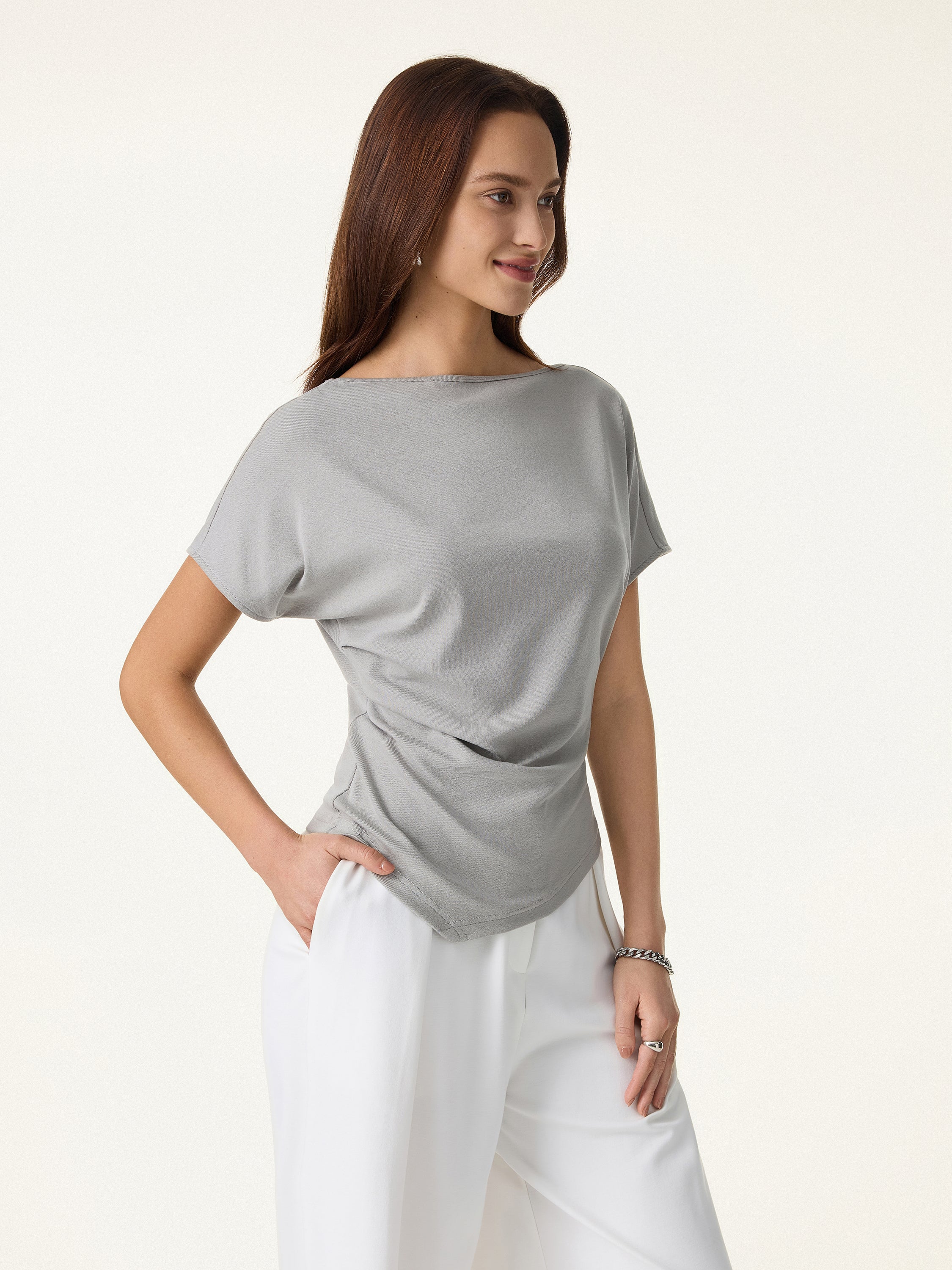 2Pcs Set Boatneck Angled Tee & Mid Rise Wide Leg Trousers - Image 8