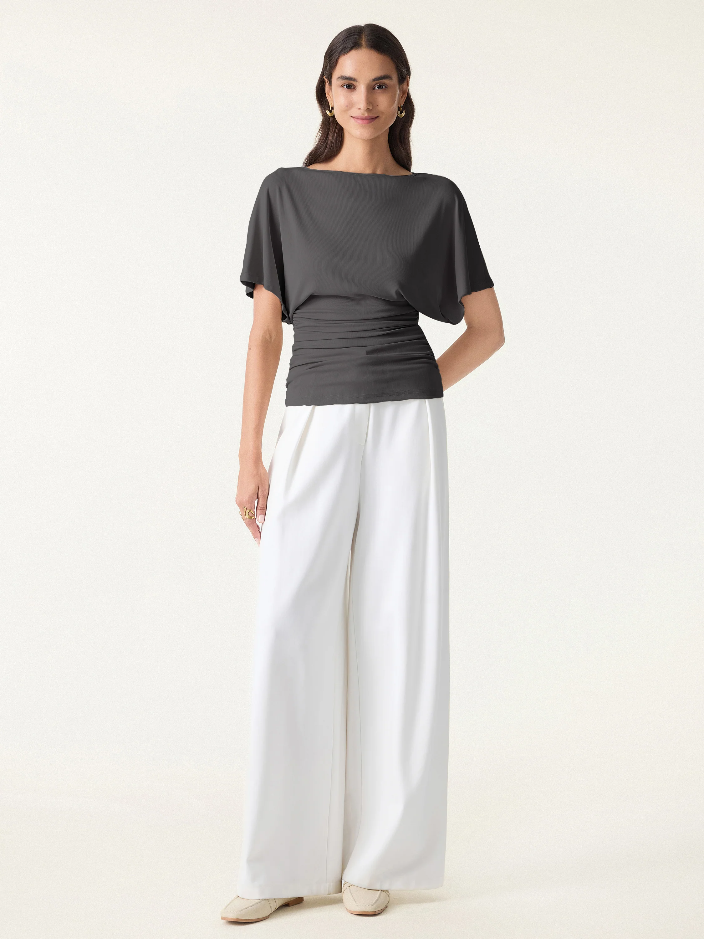 2Pcs Set Boatneck Batwing Sleeve Top & Wide Leg Palazzo Pant with Pockets - Image 11