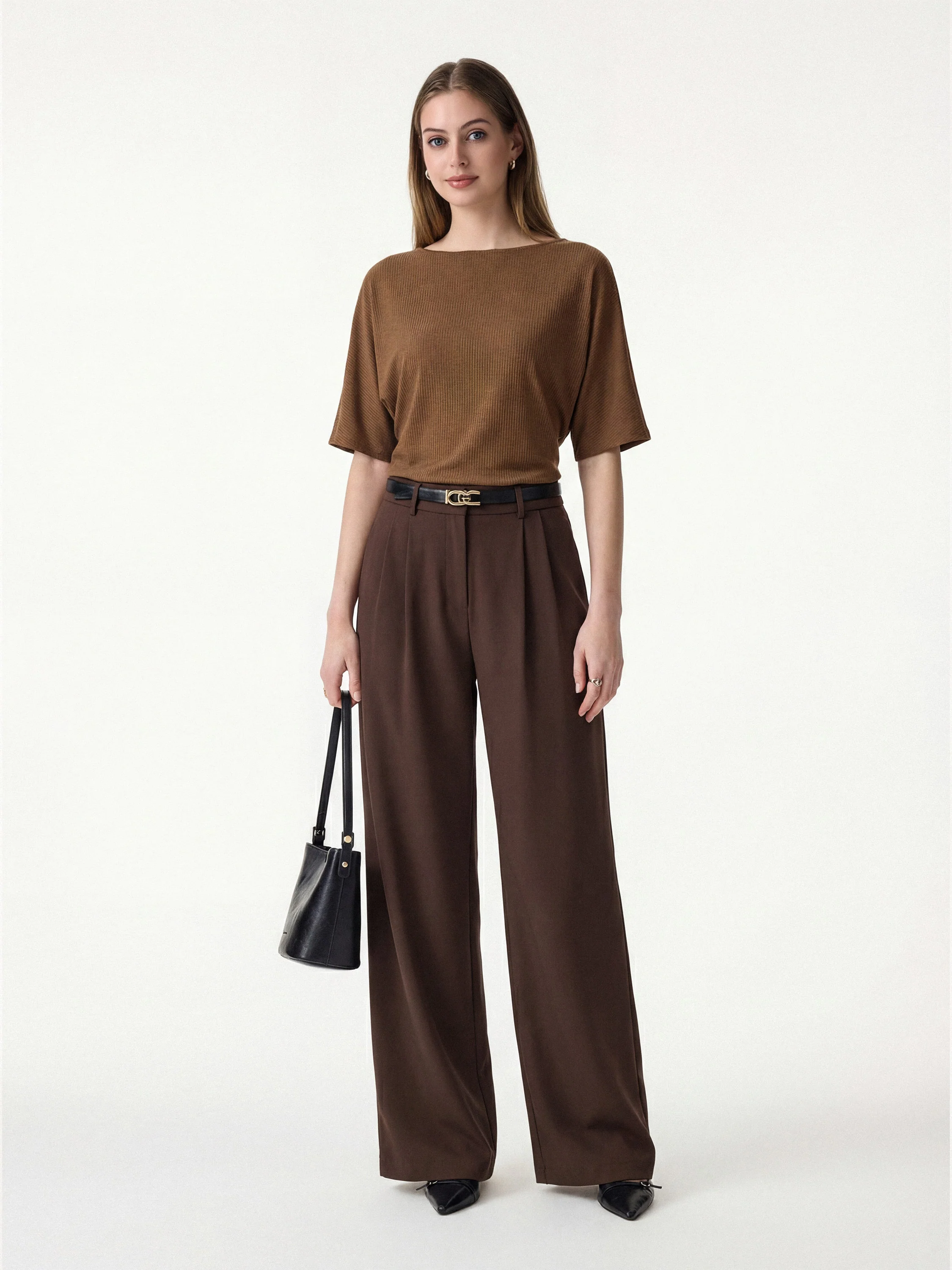 2Pcs Set Boatneck Relaxed Top & Wide Leg Pant with Pockets