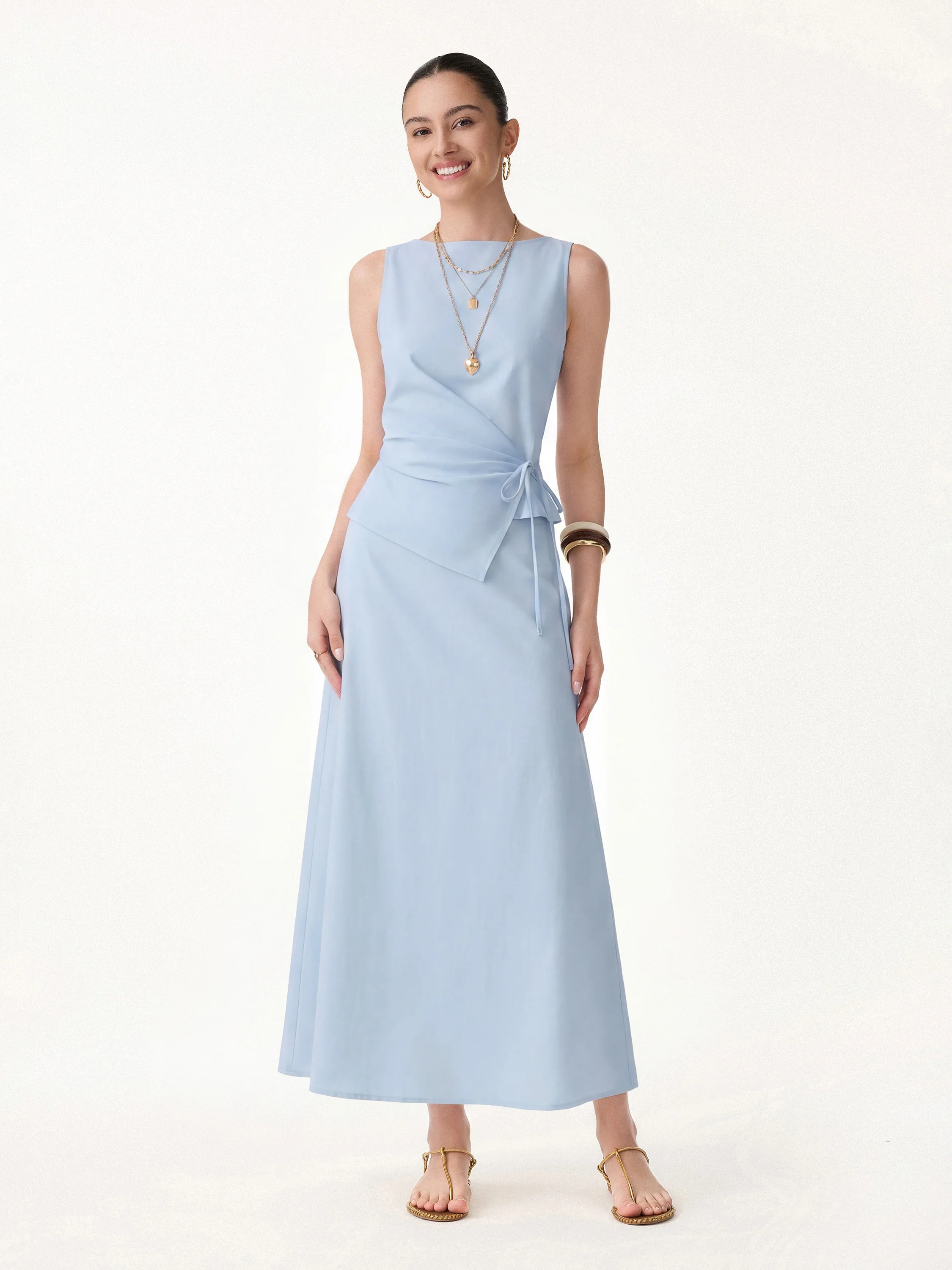 2Pcs Set Boatneck Waist-Defined Top & Maxi Flared Pull-On Skirt - Image 10