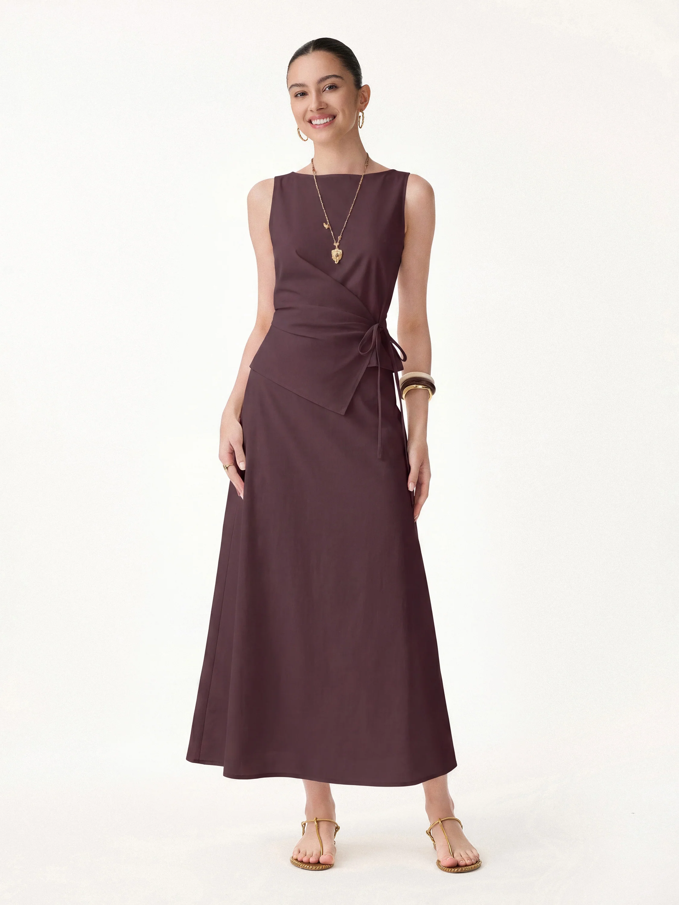 2Pcs Set Boatneck Waist-Defined Top & Maxi Flared Pull-On Skirt - Image 12