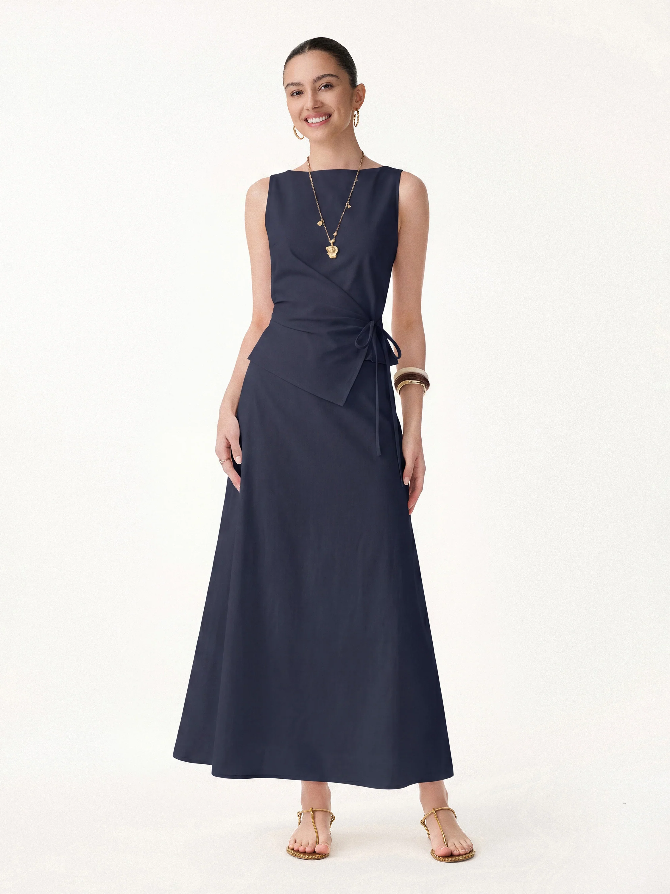 2Pcs Set Boatneck Waist-Defined Top & Maxi Flared Pull-On Skirt - Image 14