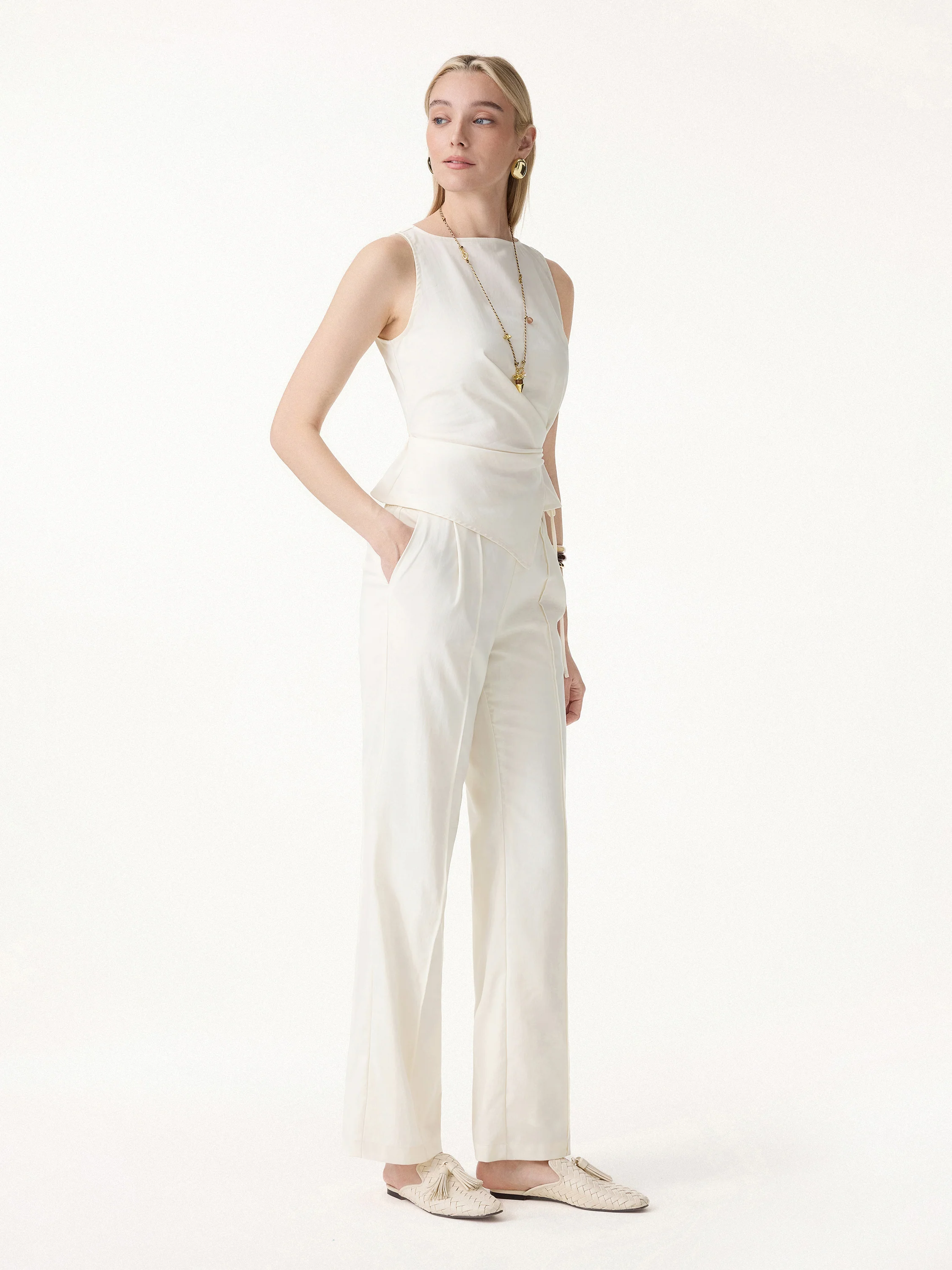 2Pcs Set Boatneck Waist-Defined Top & Pintuck Wide Leg Pant - Image 3