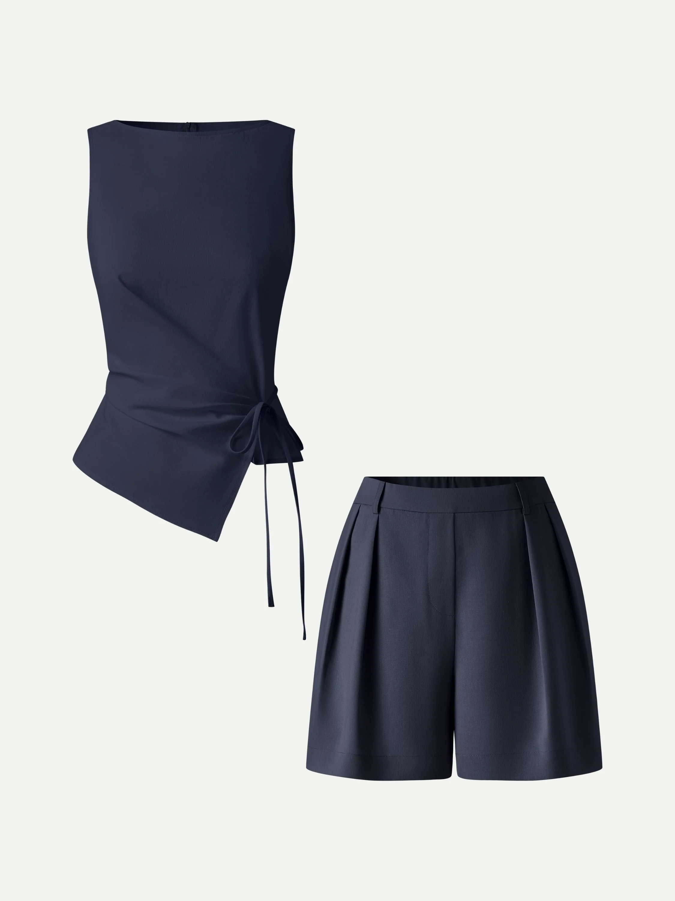 2Pcs Set Boatneck Waist-Defined Top & Tailored Shorts with Pockets - Image 2