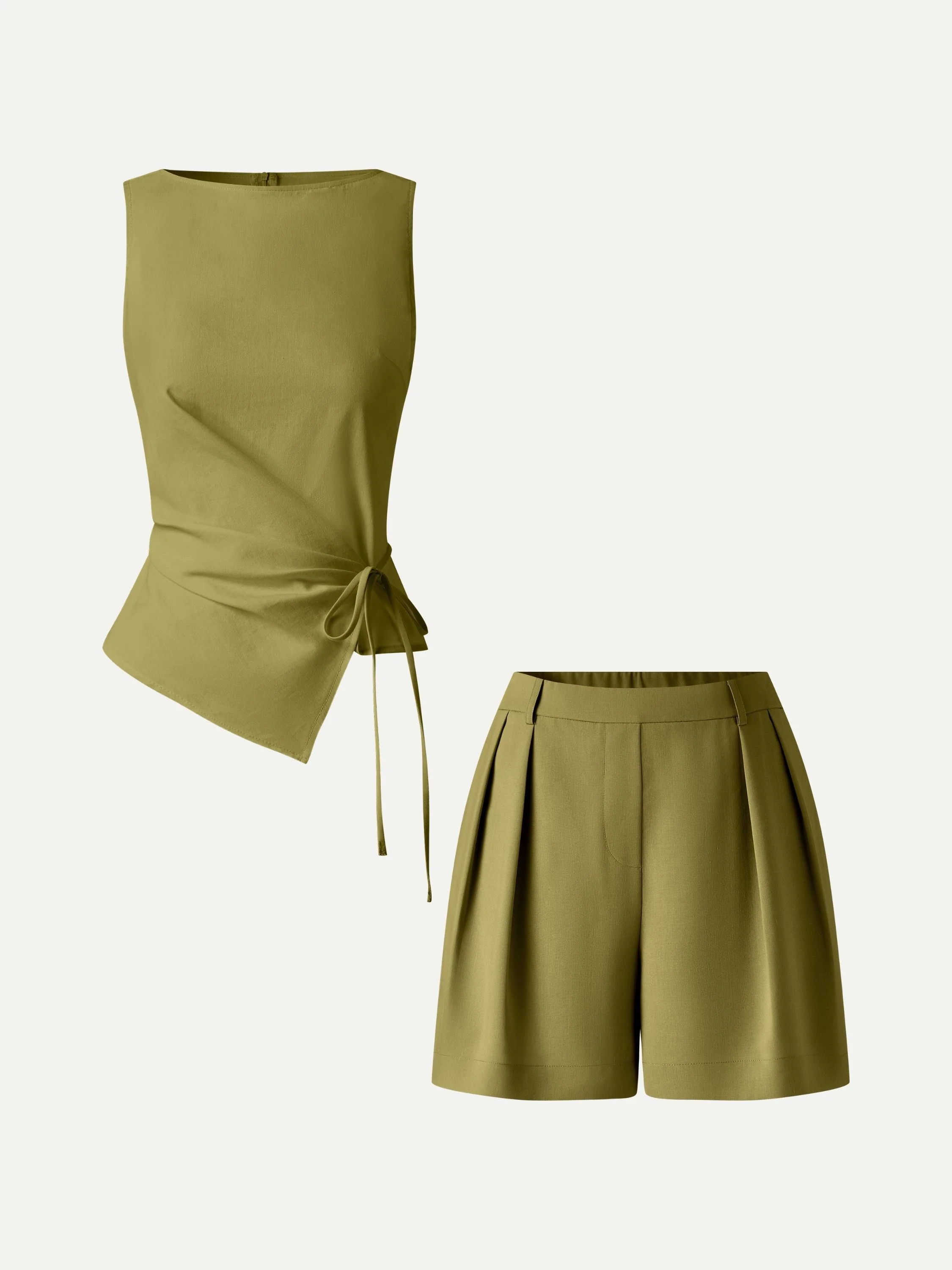 2Pcs Set Boatneck Waist-Defined Top & Tailored Shorts with Pockets - Image 7