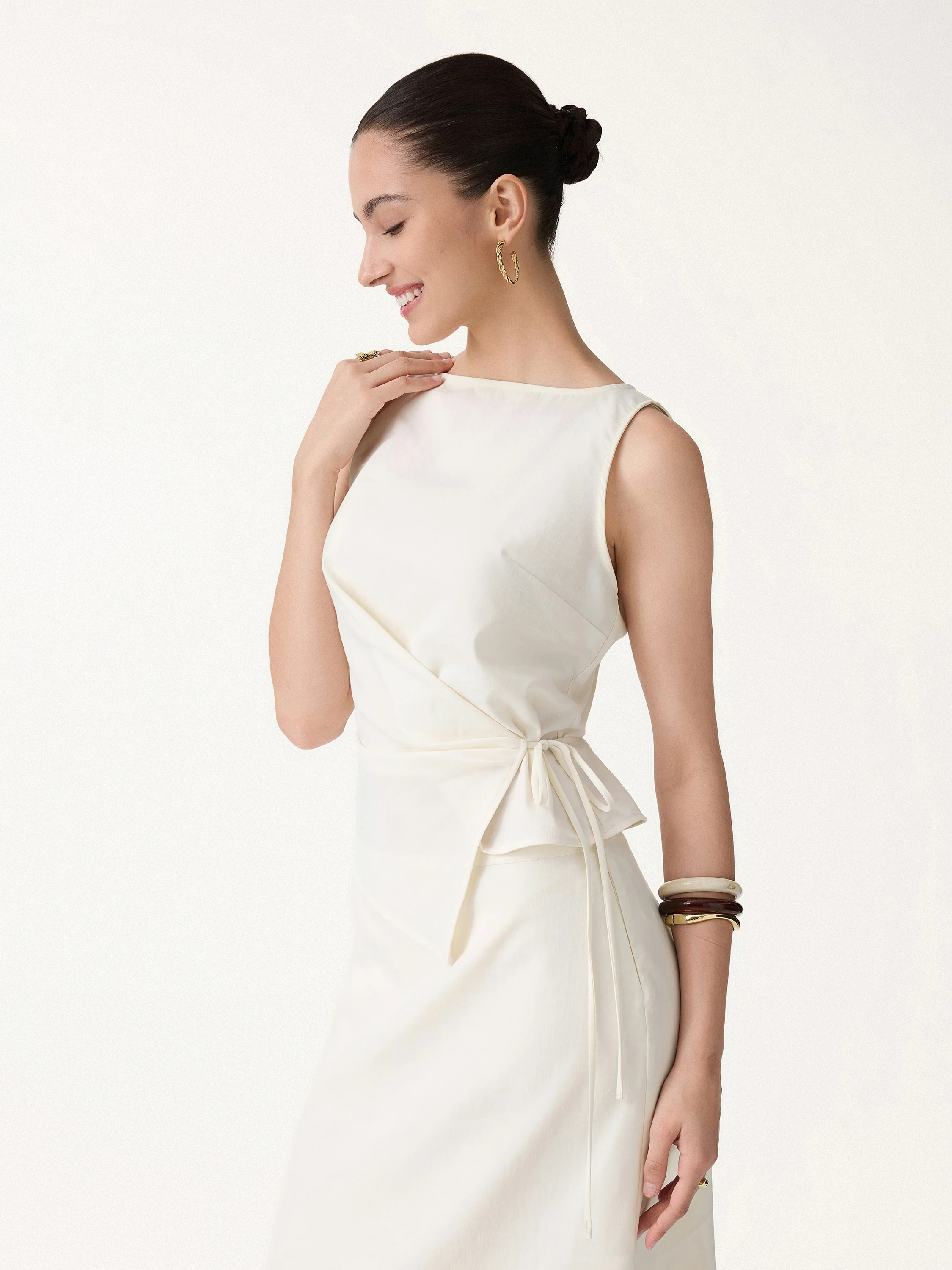 2Pcs Set Boatneck Waist-Defined Top & Tailored Shorts with Pockets - Image 9