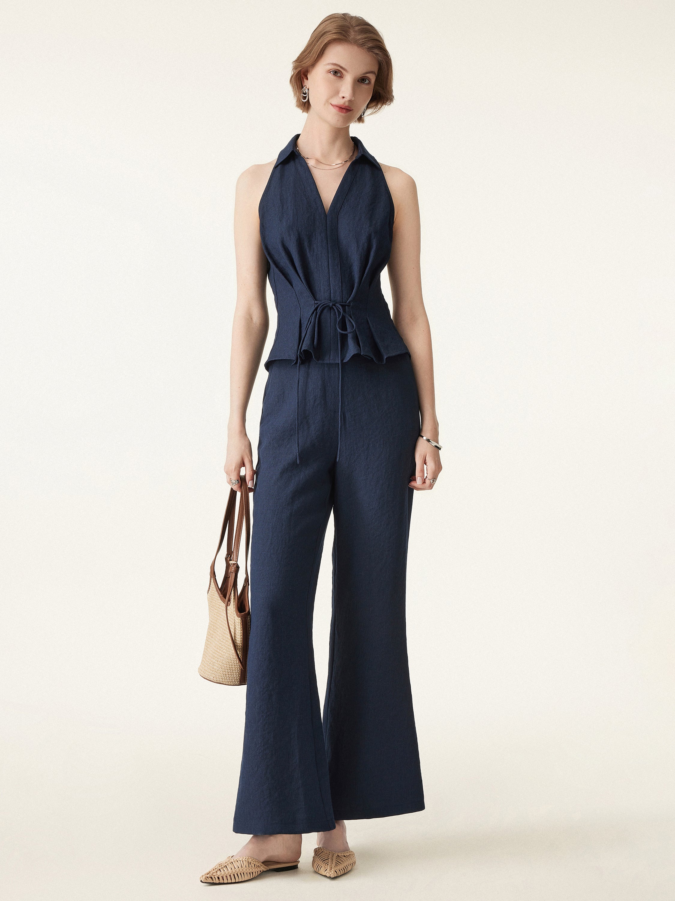 Collared V-neck Pleated Sleeveless Top with Drawstring - Image 4