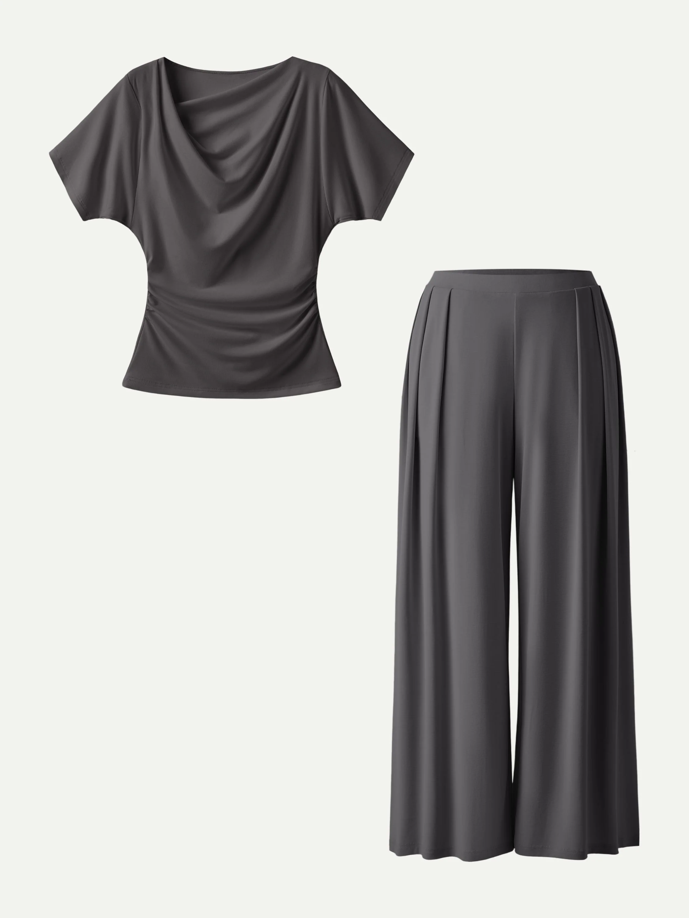 2Pcs Set Cowl Neck Ruched Top & Wide Leg Palazzo Pant with Pockets - Image 7
