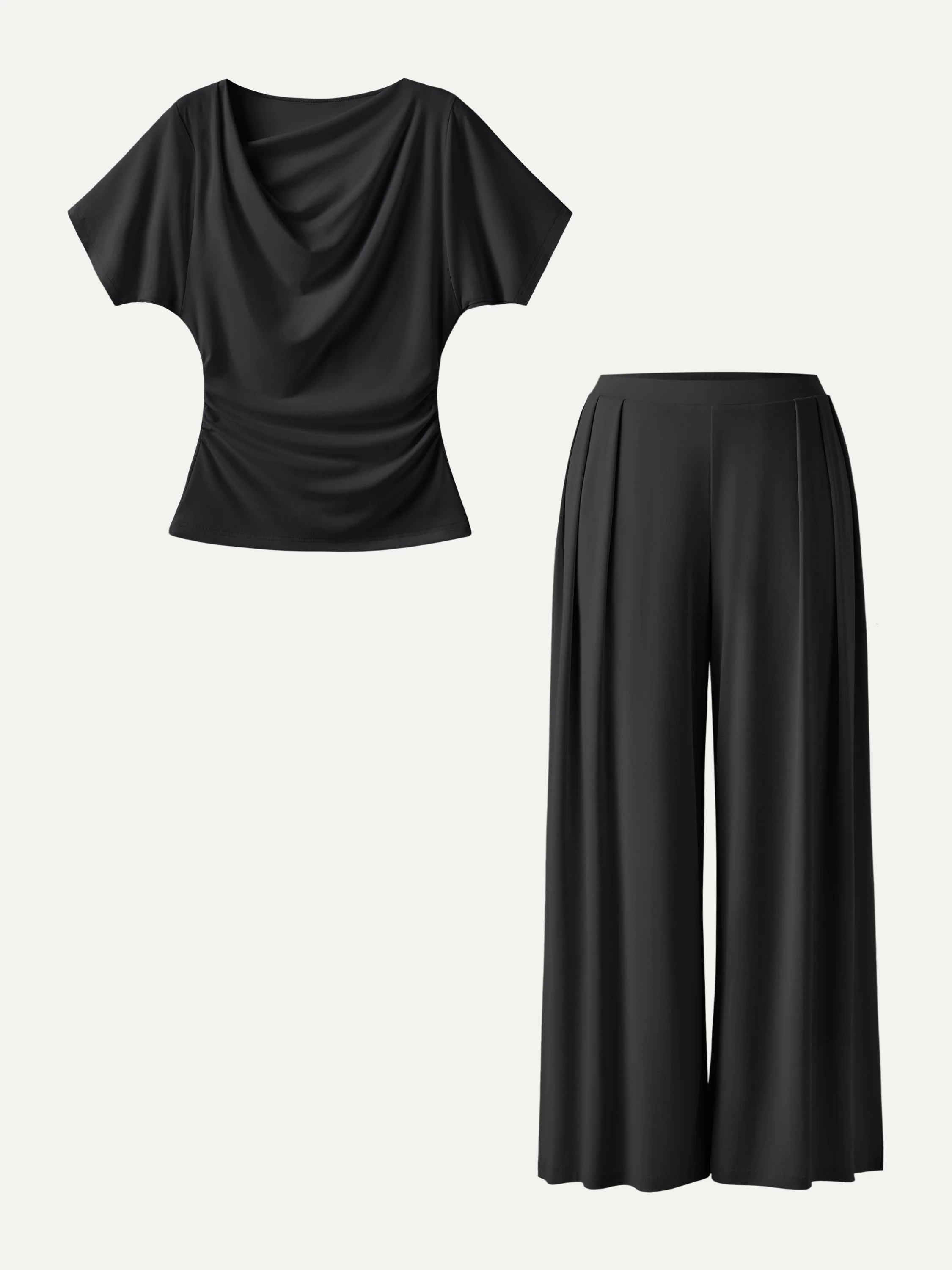 2Pcs Set Cowl Neck Ruched Top & Wide Leg Palazzo Pant with Pockets - Image 9