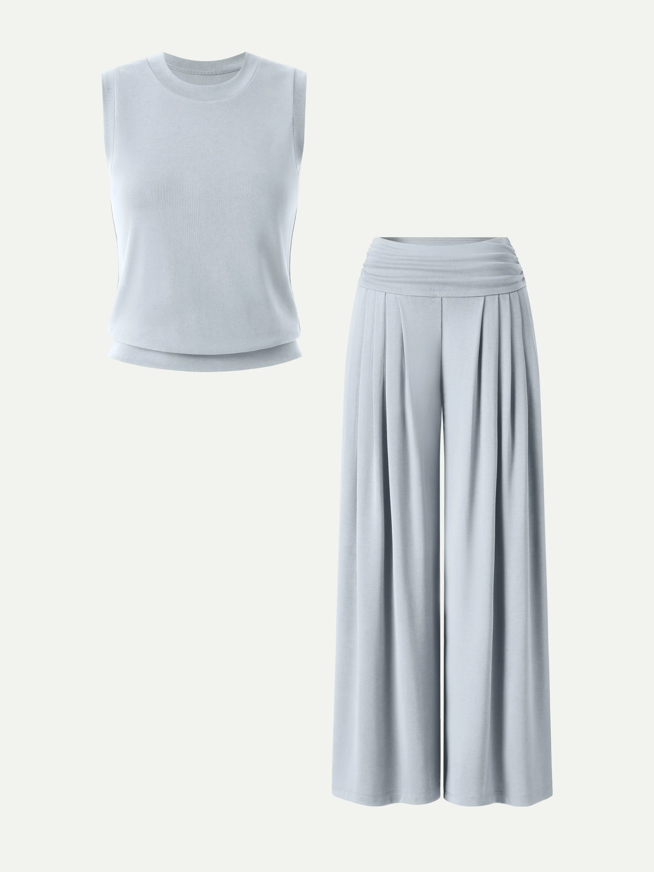 2Pcs Set Crew Neck Top & Flowy Tucked Palazzo Pant with Pockets - Image 2