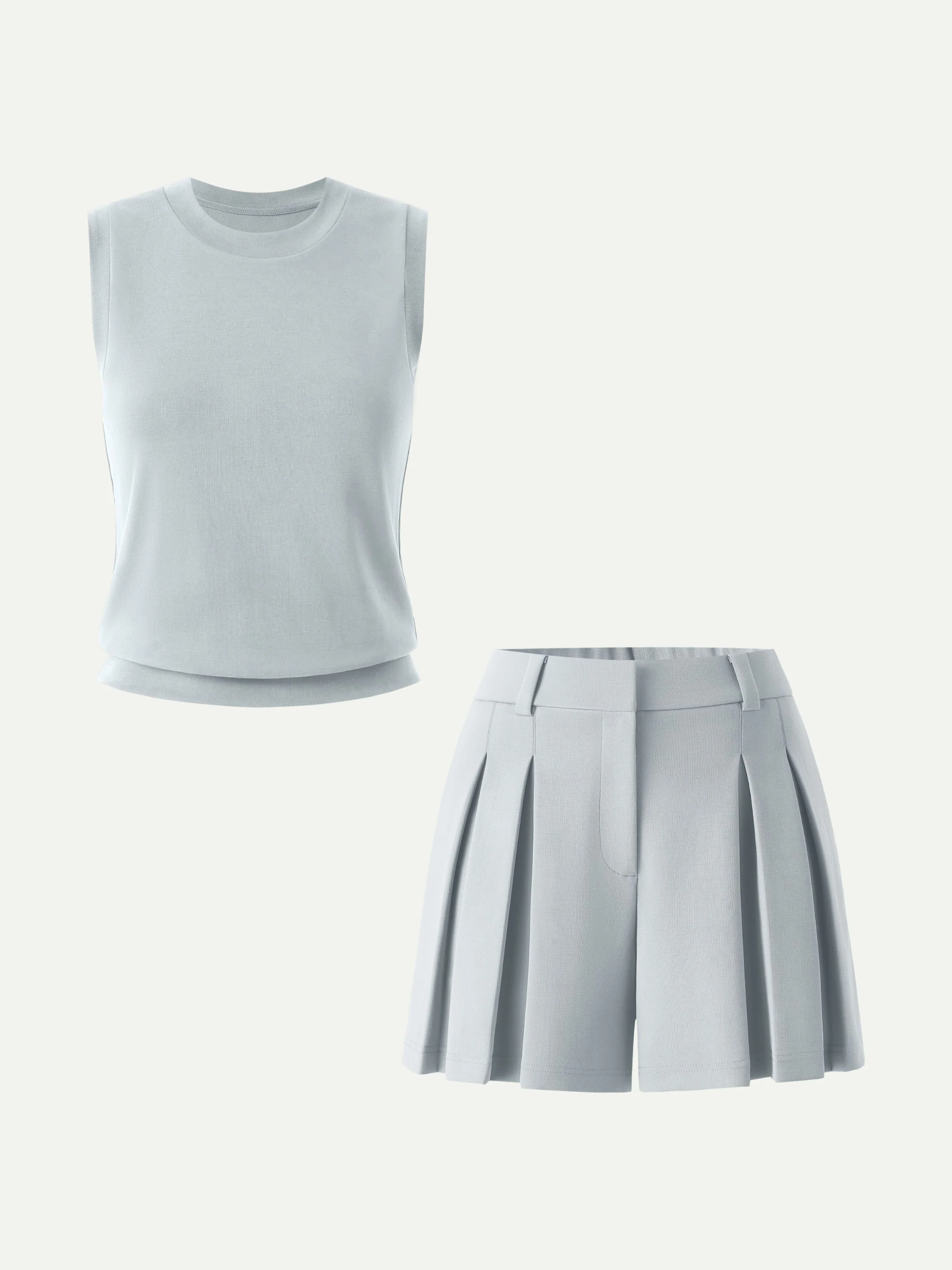 2Pcs Set Crew Neck Top & High Rise A-Line Pleated Shorts - Image 2