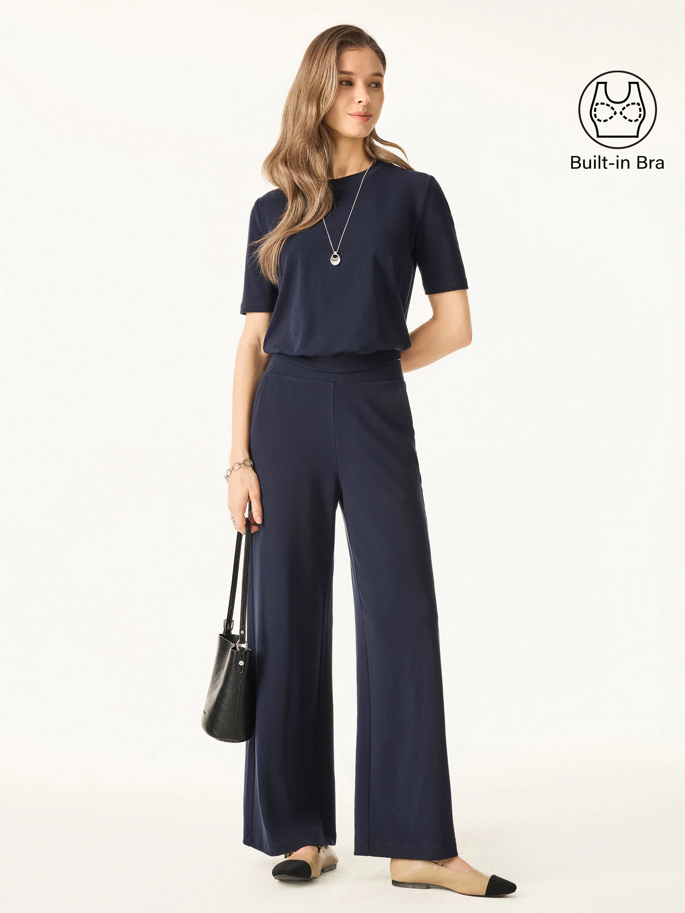 2Pcs Set Petite Wide Leg Pant with Pockets & Crewneck Bra Top