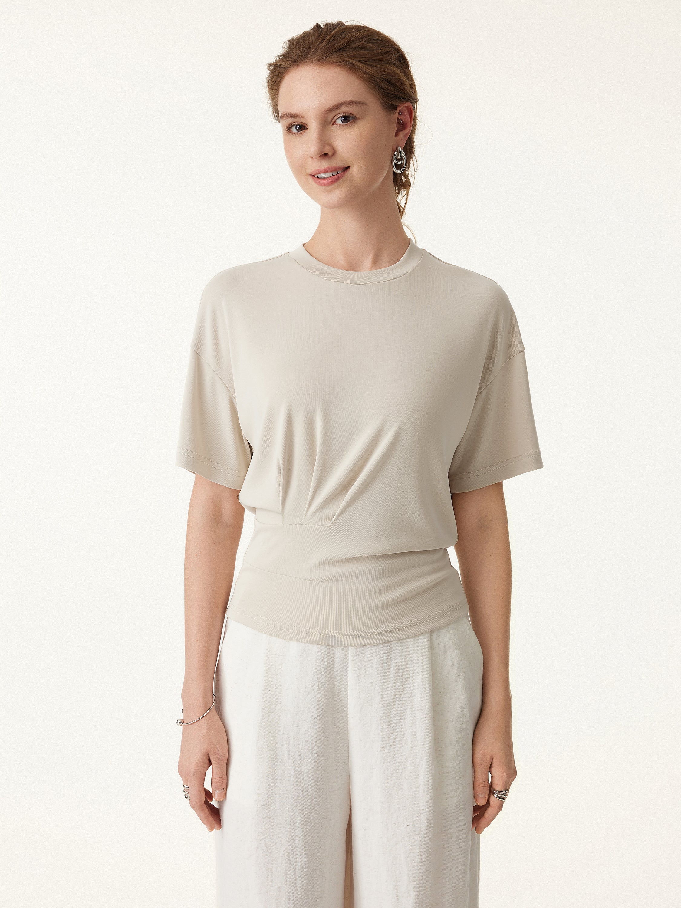 2Pcs Set Crewneck Short Sleeve Tee & Mid Rise Pleated Wide Leg Pant with Pockets - Image 9