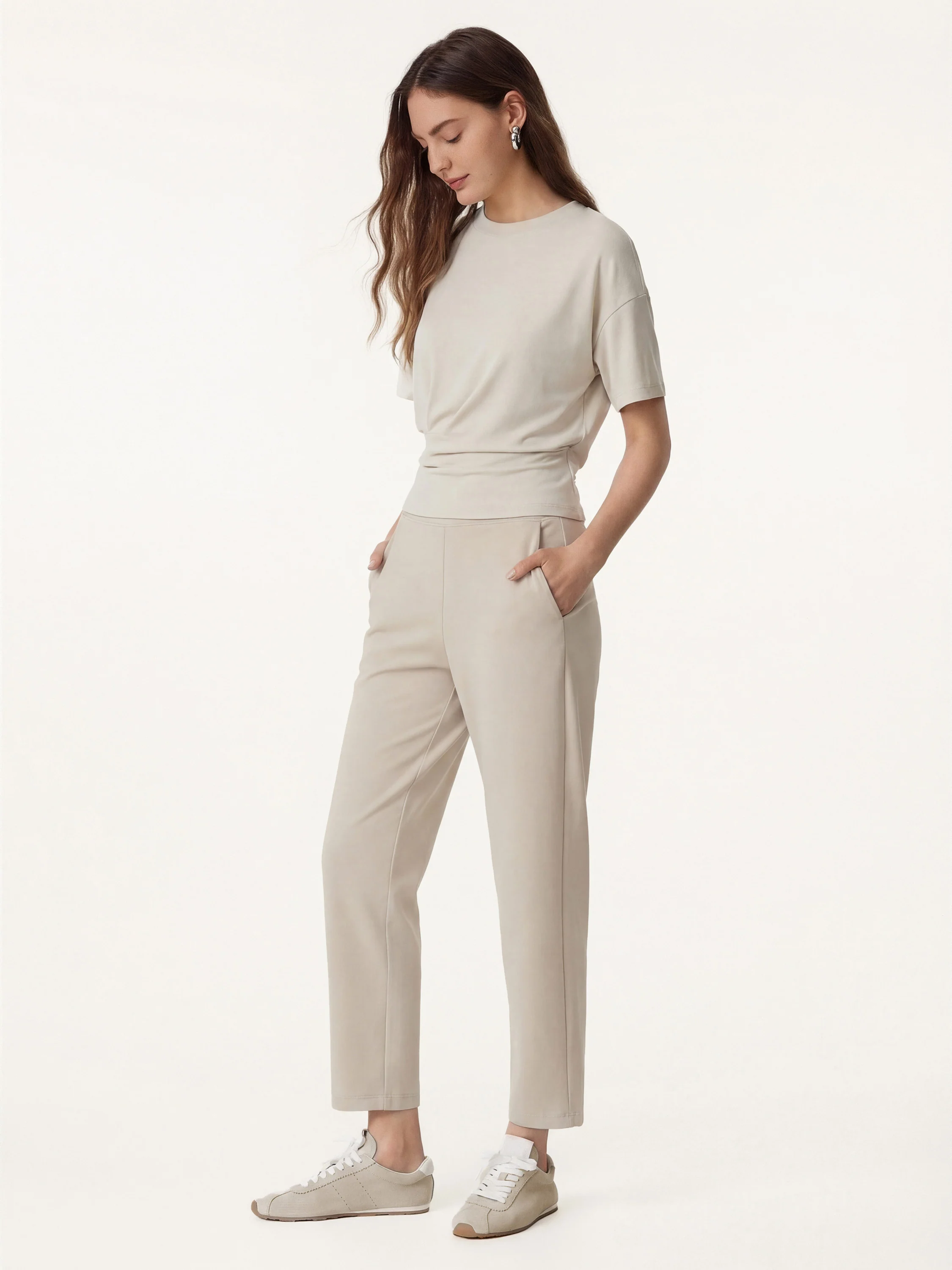 2Pcs Set Crewneck Tucked Tee & Mid Rise Tapered Pant with Pockets