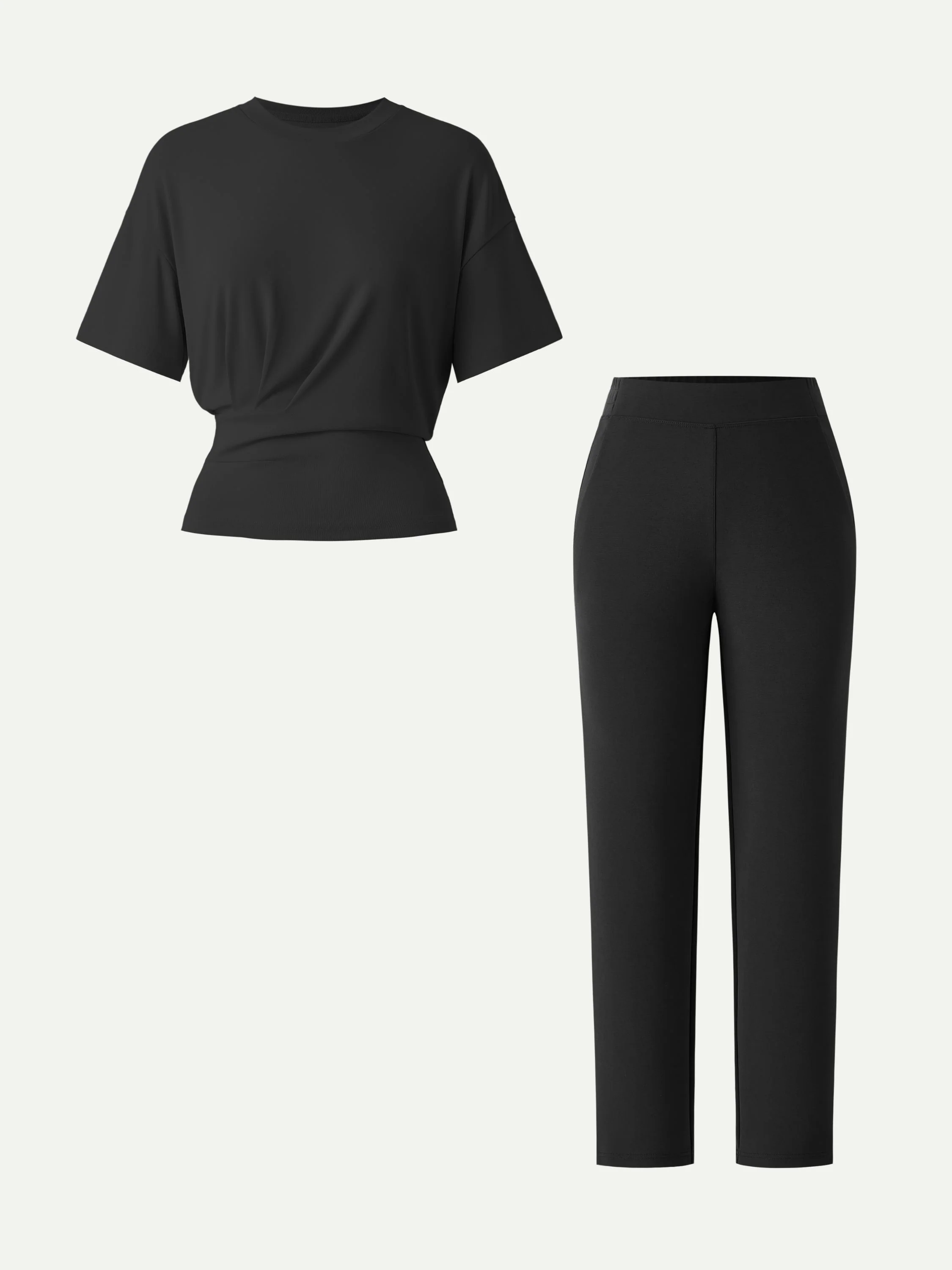2Pcs Set Crewneck Tucked Tee & Mid Rise Tapered Pant with Pockets - Image 6