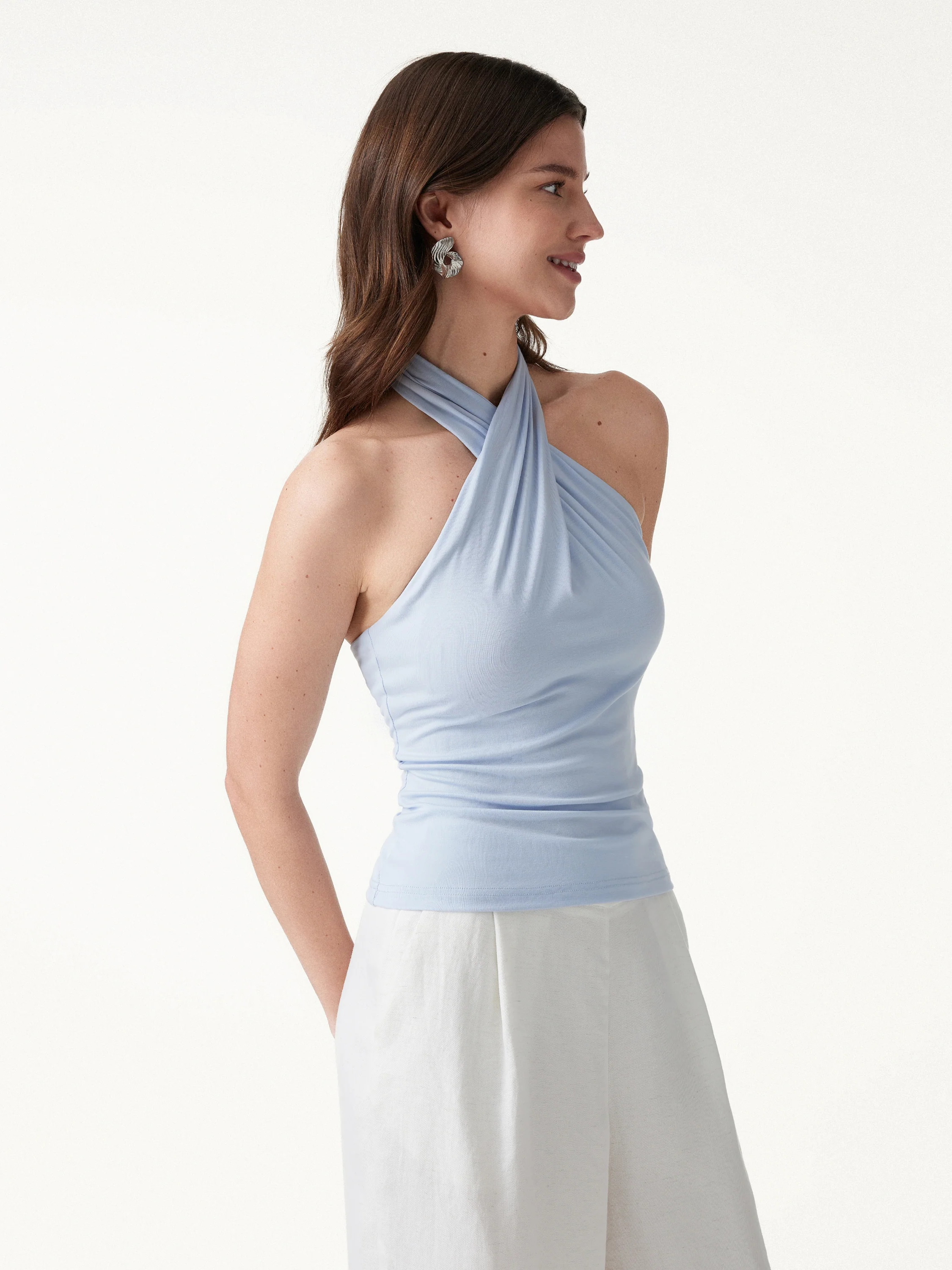 2Pcs Set Criss Cross Bra Top & Tucked Palazzo Pants with Pockets - Image 10