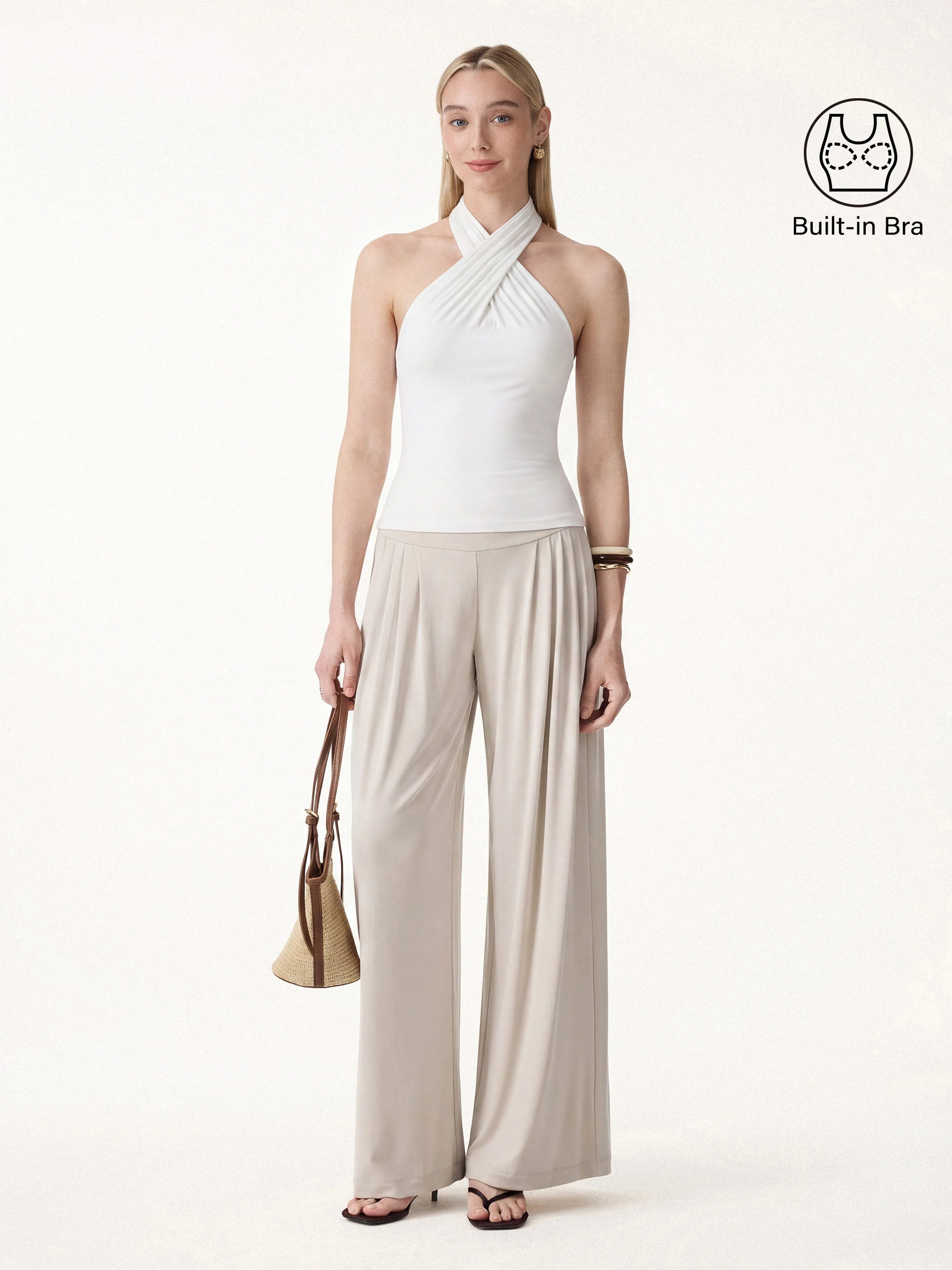 2Pcs Set Criss Cross Bra Top & Tucked Palazzo Pants with Pockets - Image 3