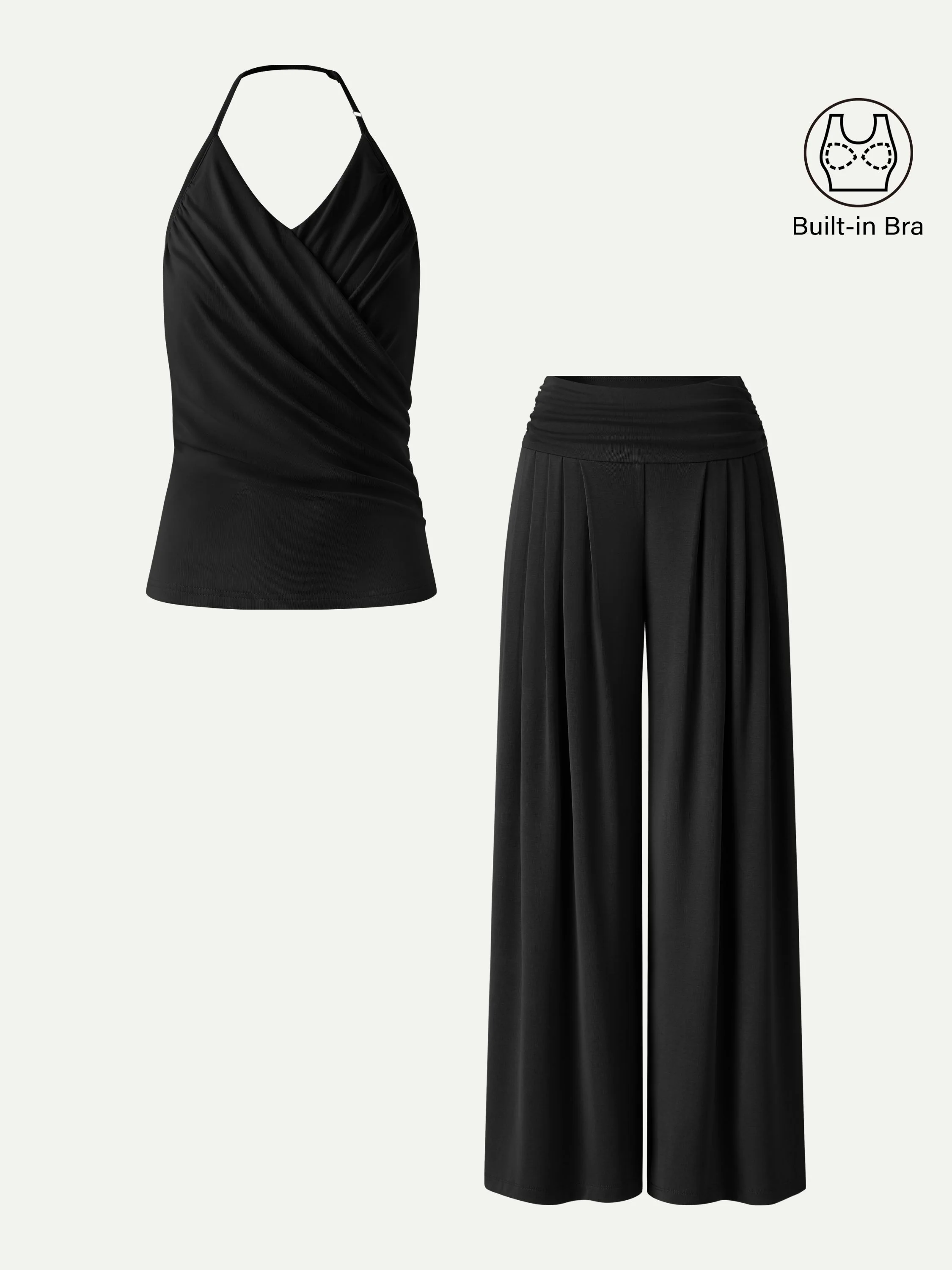 2Pcs Set Halter Neck Surplice Bra Top & Tucked Palazzo Pant with Pockets - Image 11