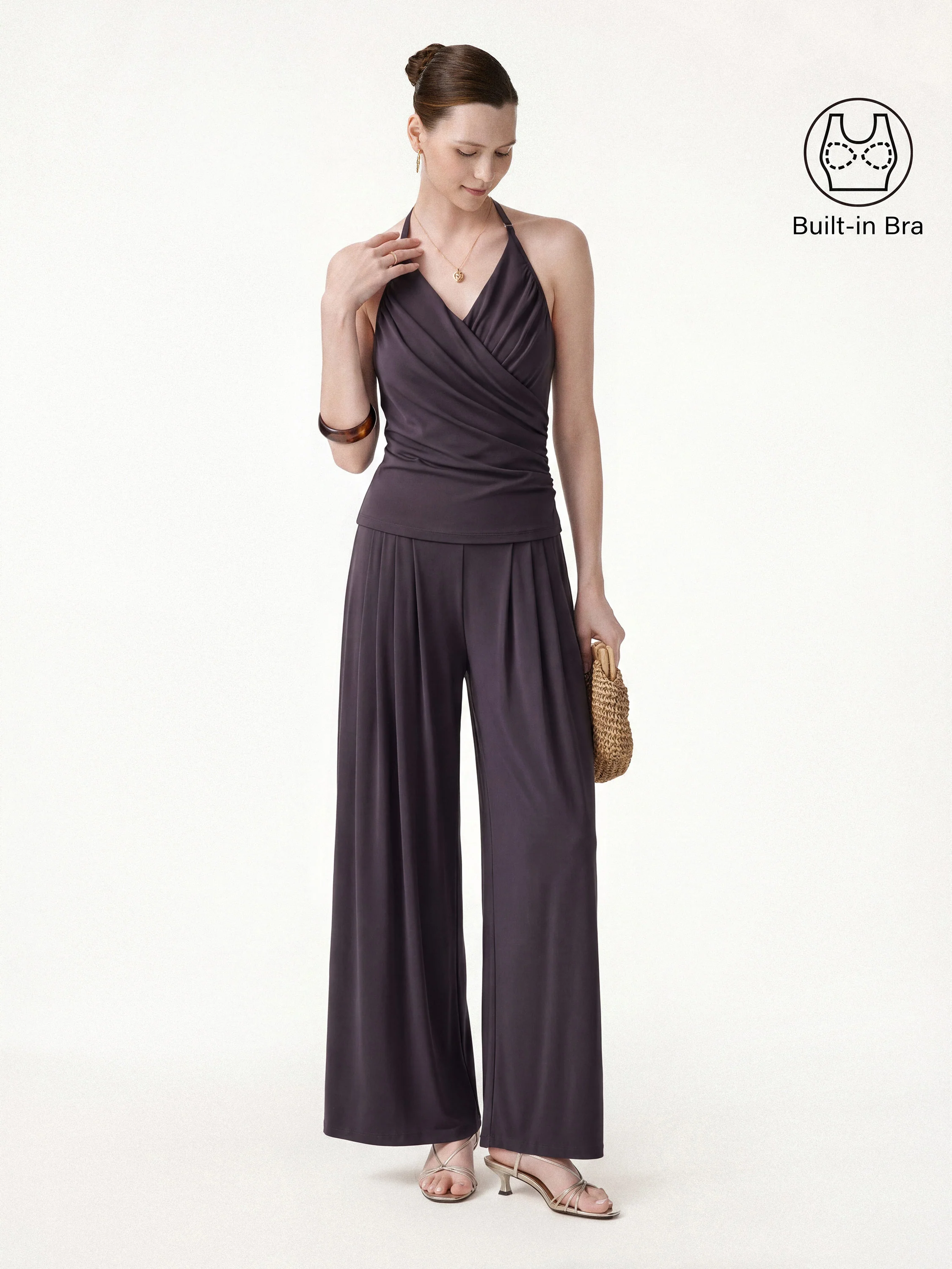 2Pcs Set Halter Neck Surplice Bra Top & Tucked Palazzo Pant with Pockets - Image 7