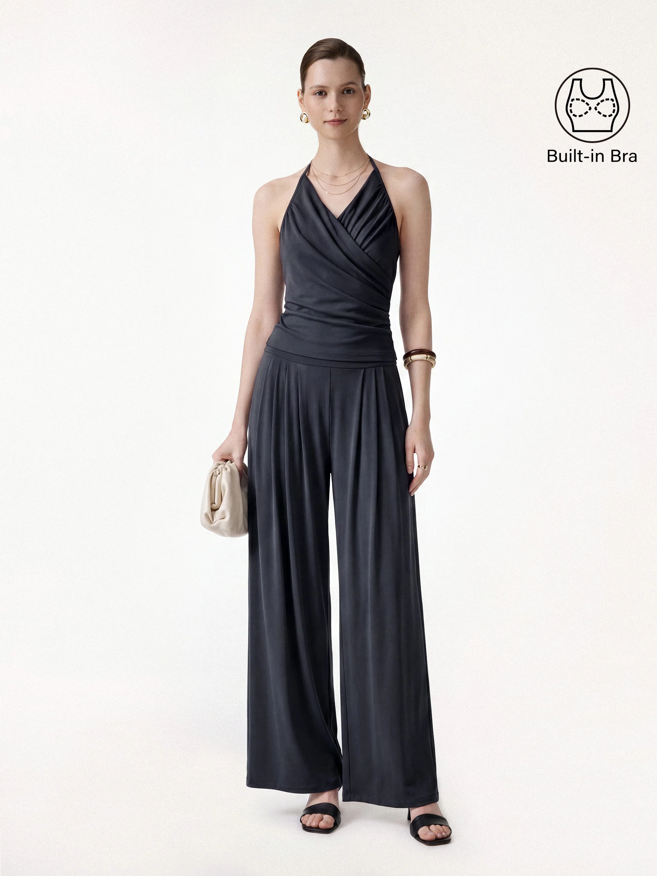 2Pcs Set Halter Neck Surplice Bra Top & Tucked Palazzo Pant with Pockets - Image 9