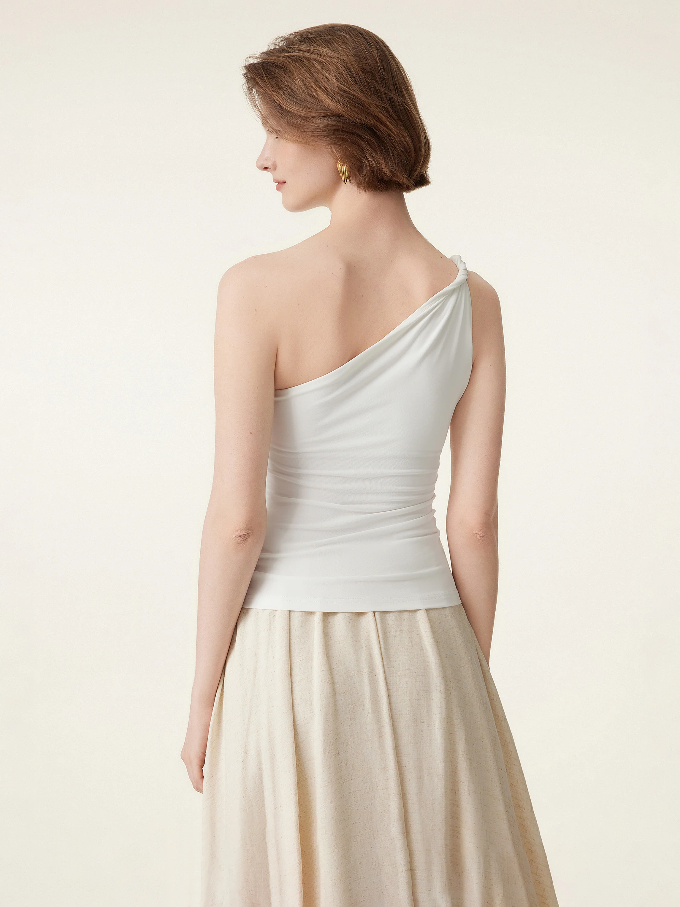 2Pcs Set One Shoulder Twisted Bra Tank & Side Ruched A-line Midi Skirt - Image 10
