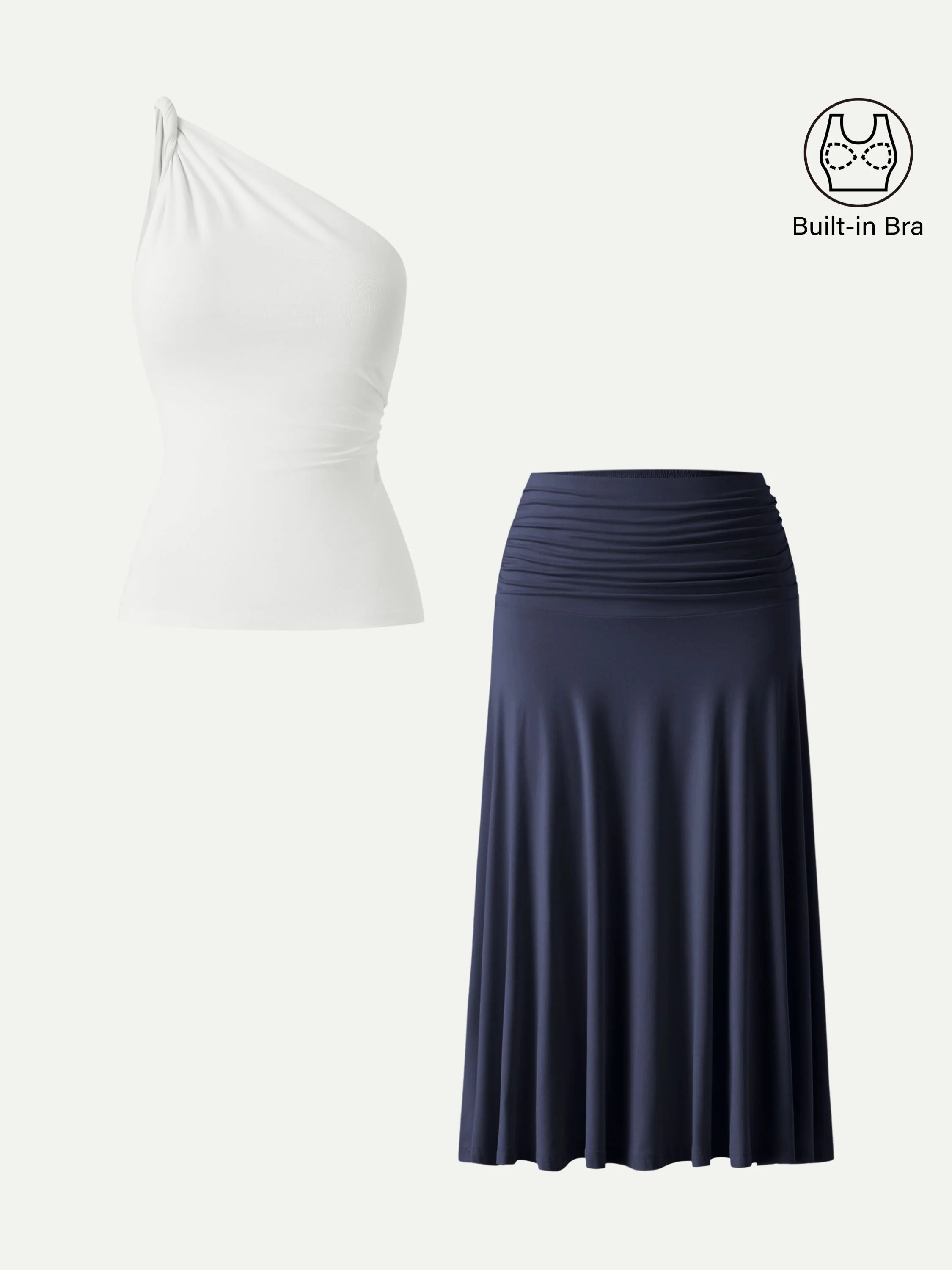 2Pcs Set One Shoulder Twisted Bra Tank & Side Ruched A-line Midi Skirt - Image 5