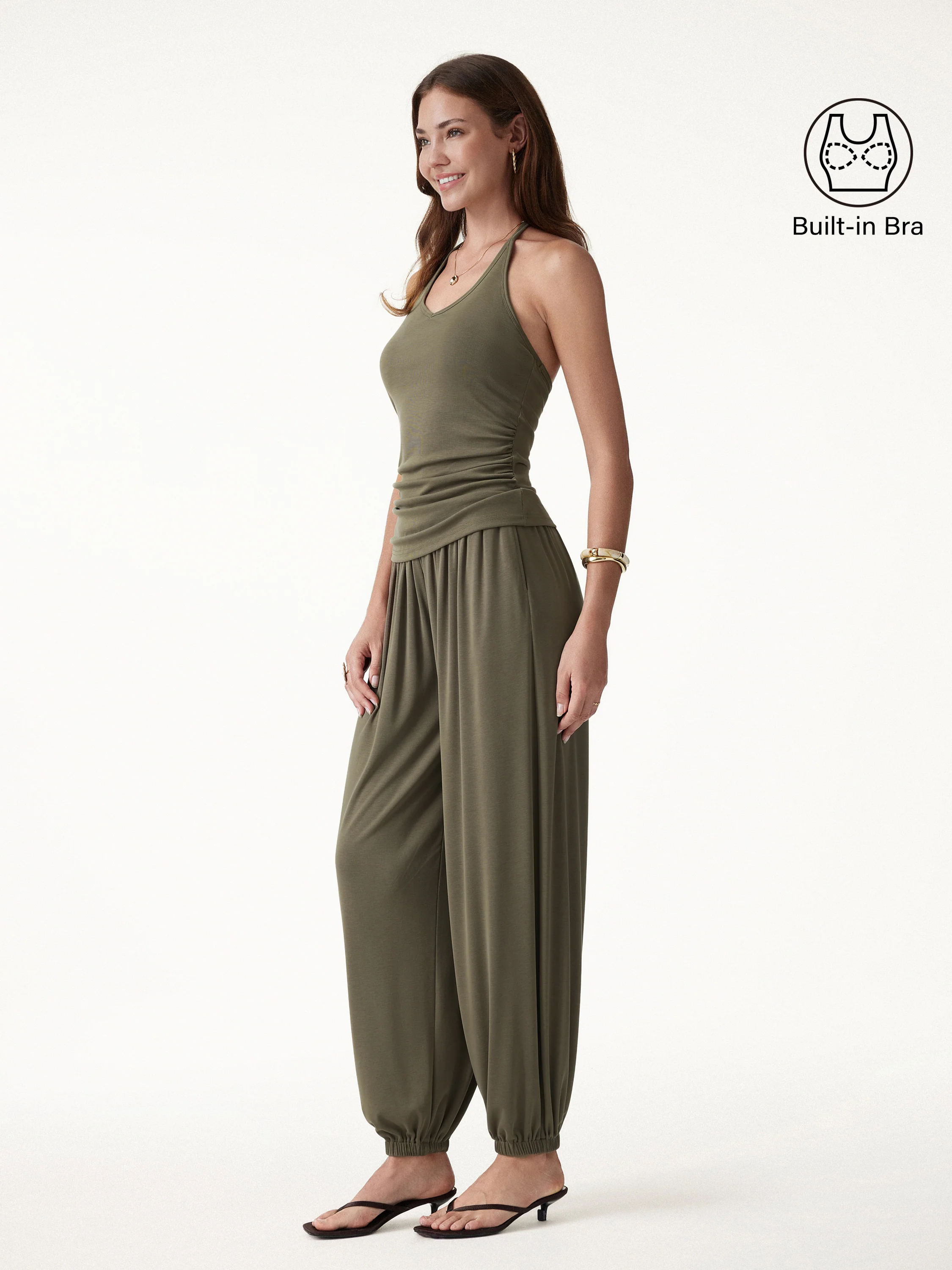 2Pcs Set Open Back Bra Top & Balloon Pants with Pockets