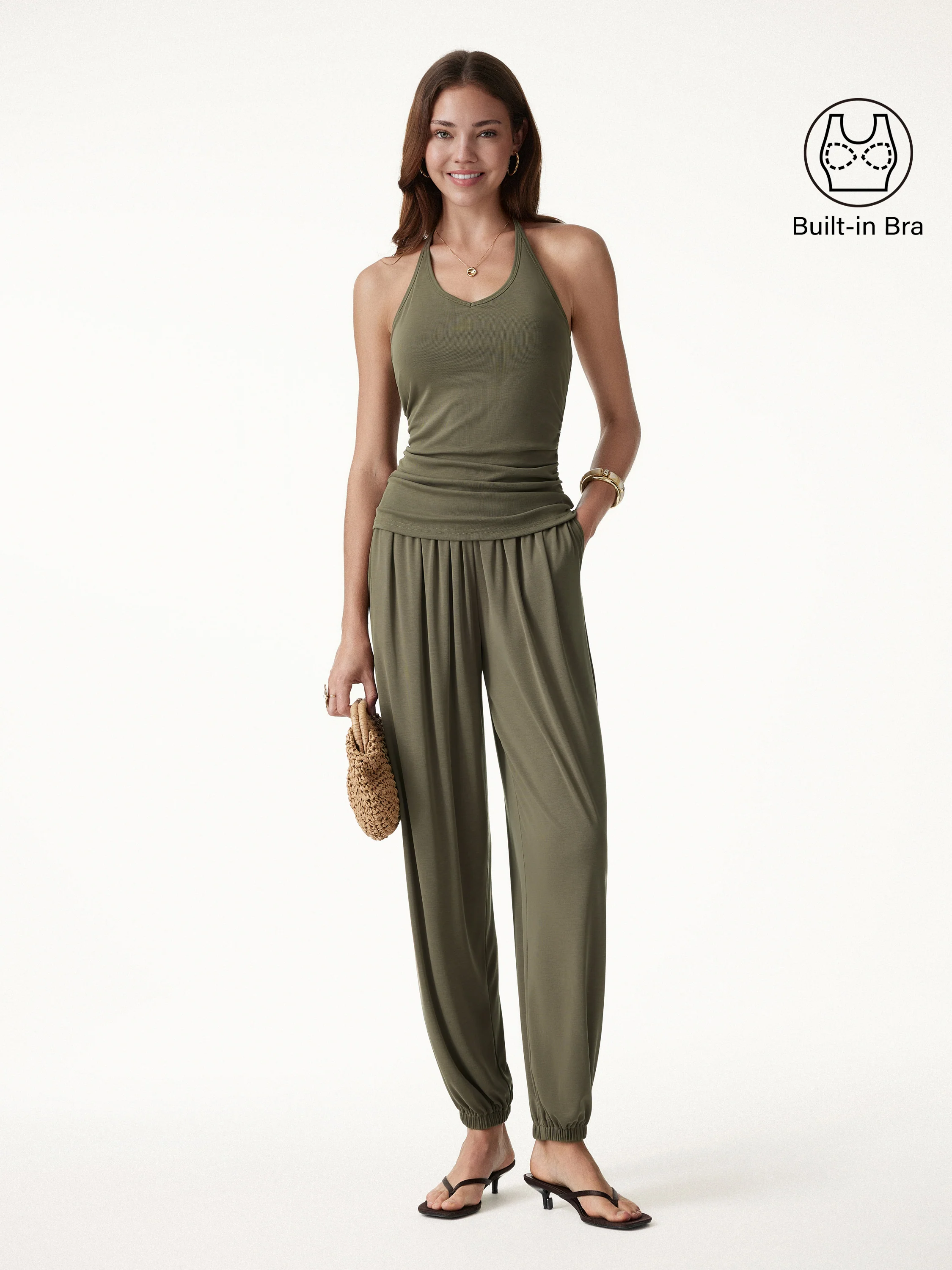 2Pcs Set Open Back Bra Top & Balloon Pants with Pockets - Image 2