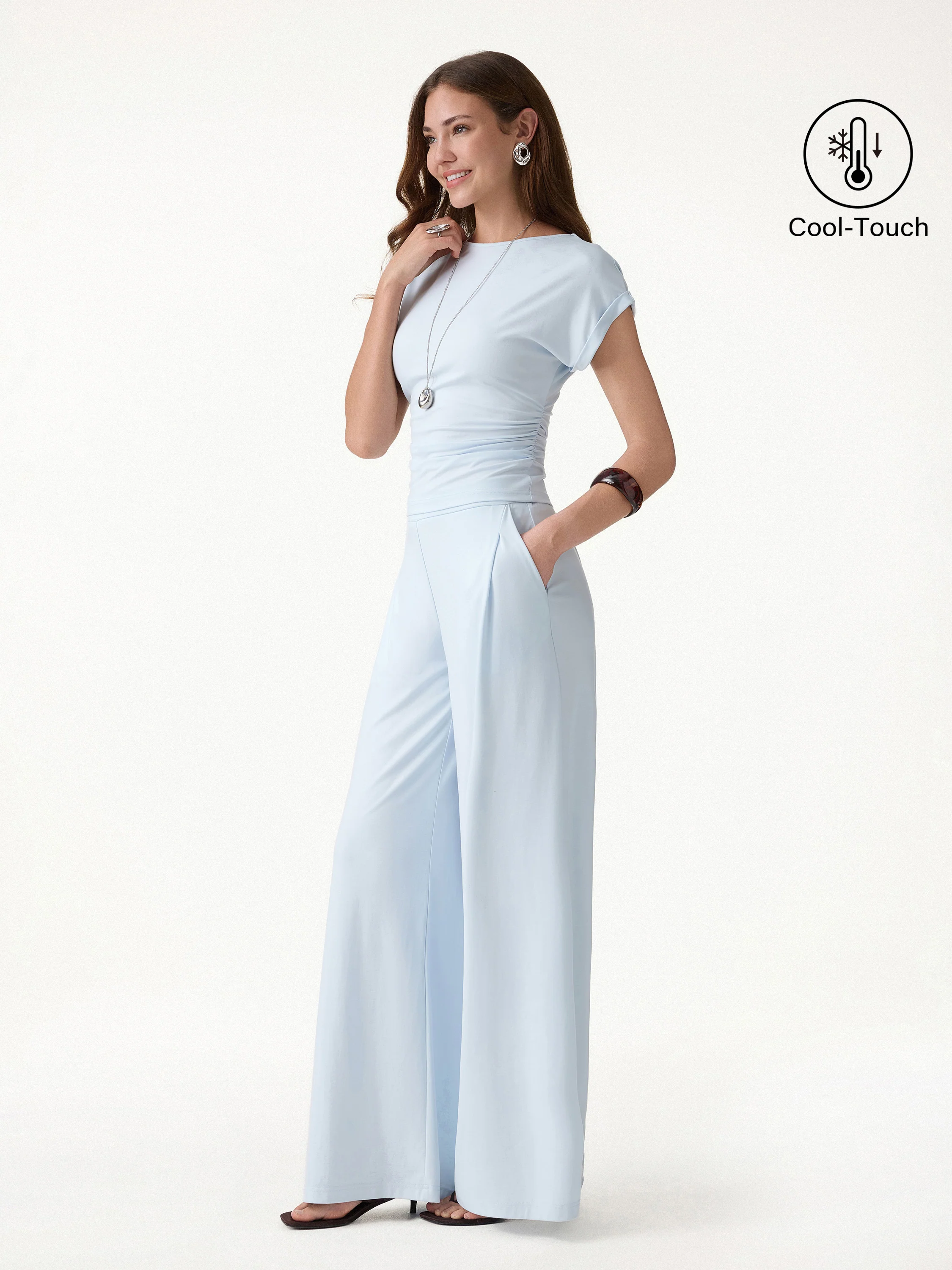 2Pcs Set Round Neck Ruched Tee & Mid Rise Wide Leg Pants