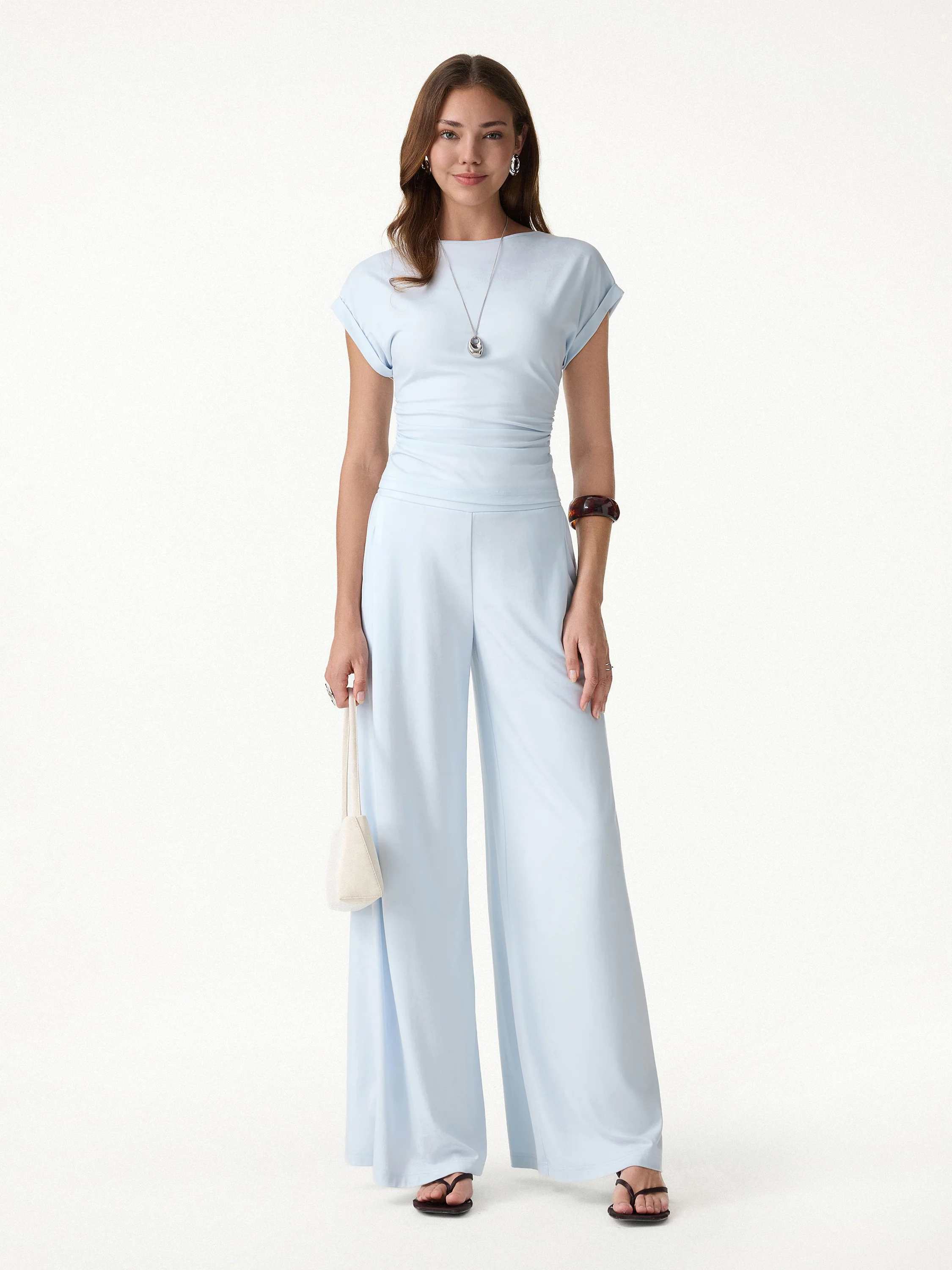 2Pcs Set Round Neck Ruched Tee & Mid Rise Wide Leg Pants - Image 3
