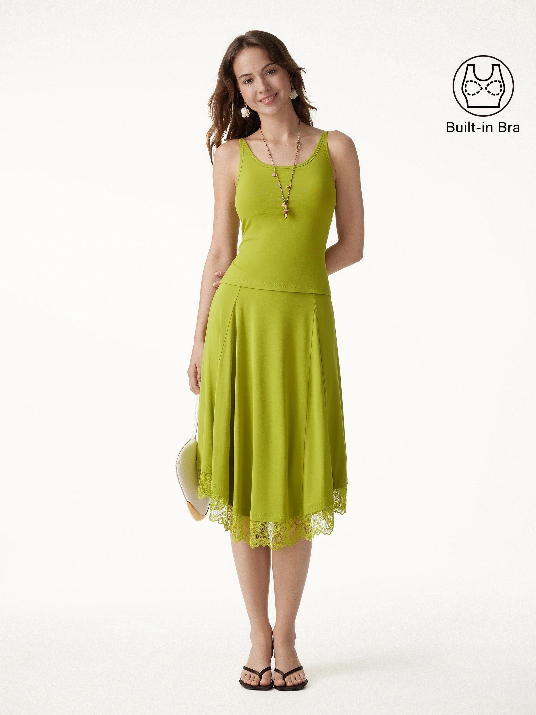 2Pcs Set Scoop Neck Bra Top & Lace Trim Midi Circle Flare Skirt - Image 4
