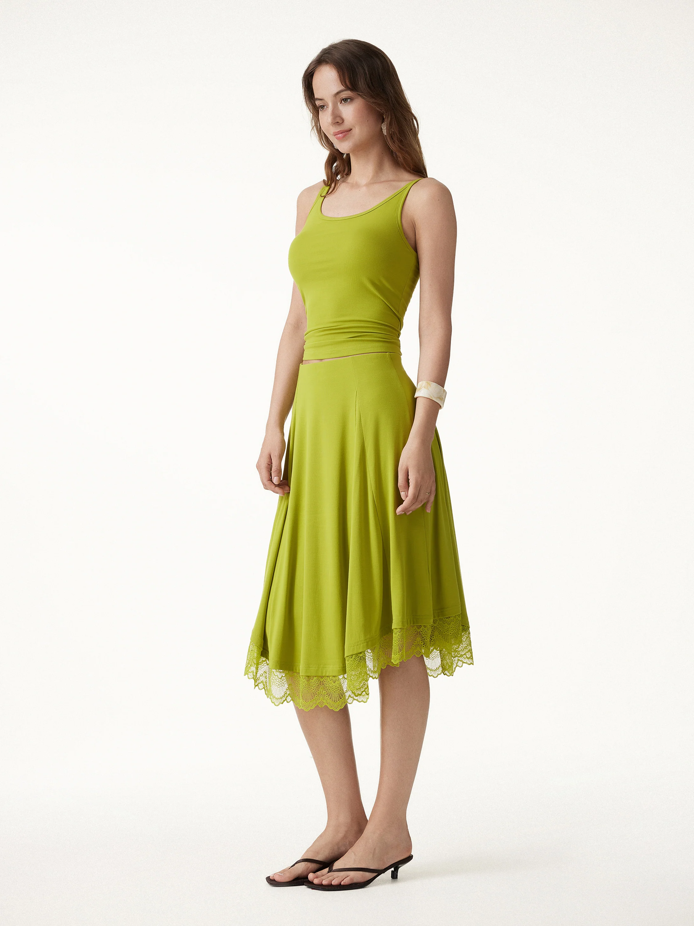 2Pcs Set Scoop Neck Bra Top & Lace Trim Midi Circle Flare Skirt - Image 5