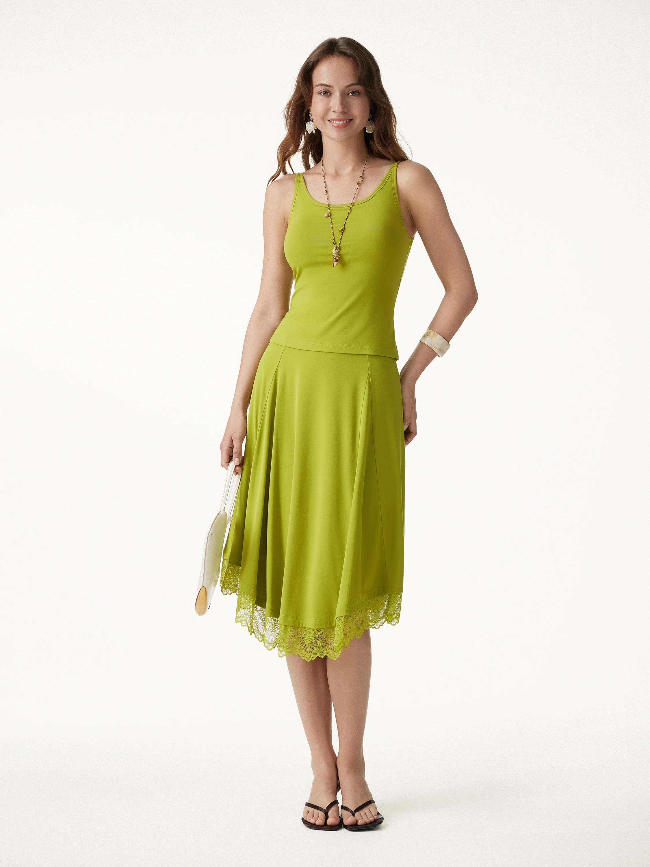 2Pcs Set Scoop Neck Bra Top & Lace Trim Midi Circle Flare Skirt - Image 6