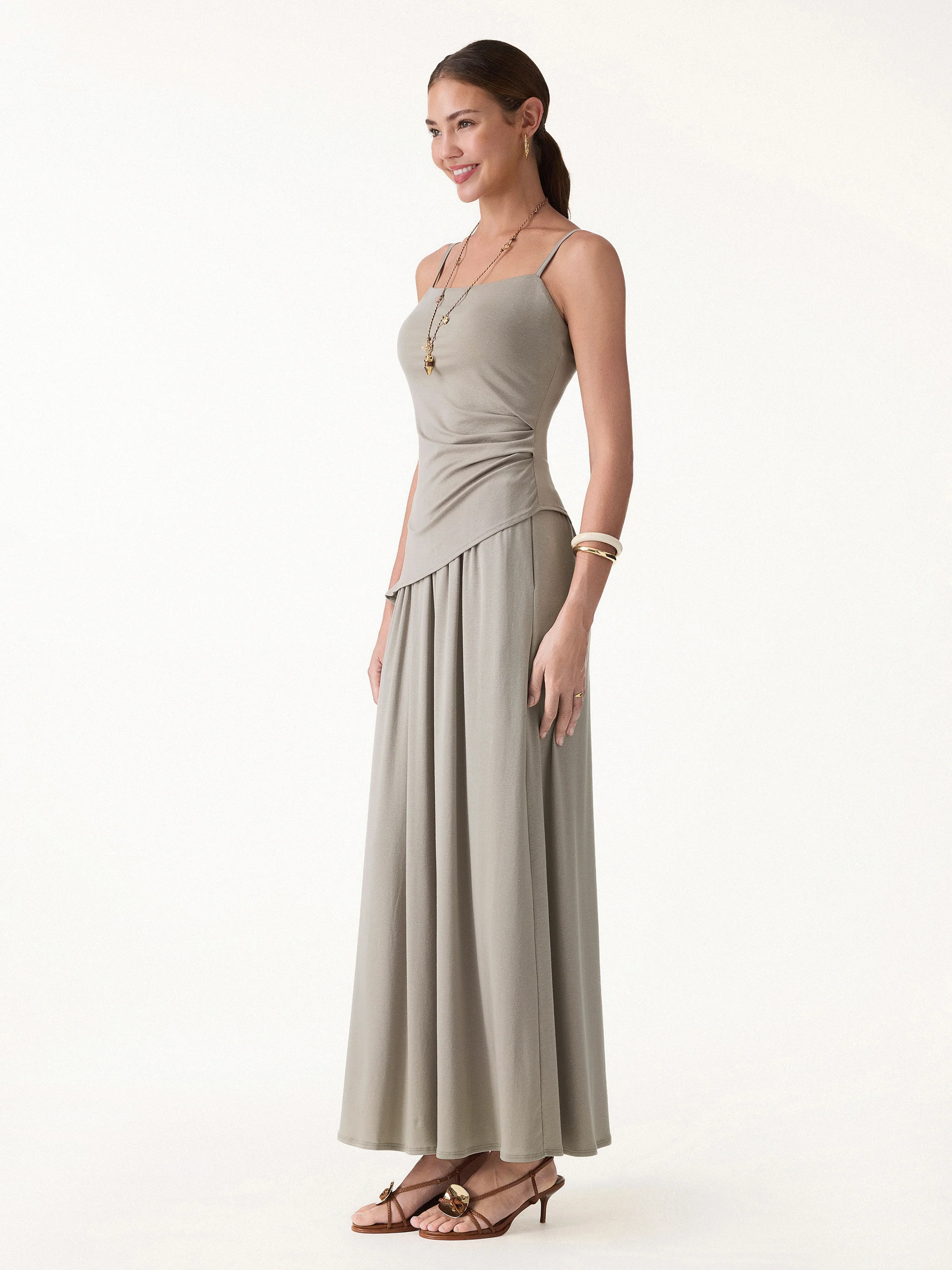 2Pcs Set Spaghetti Bra Top with Side Slit & A-Line Maxi Skirt with Pockets - Image 4