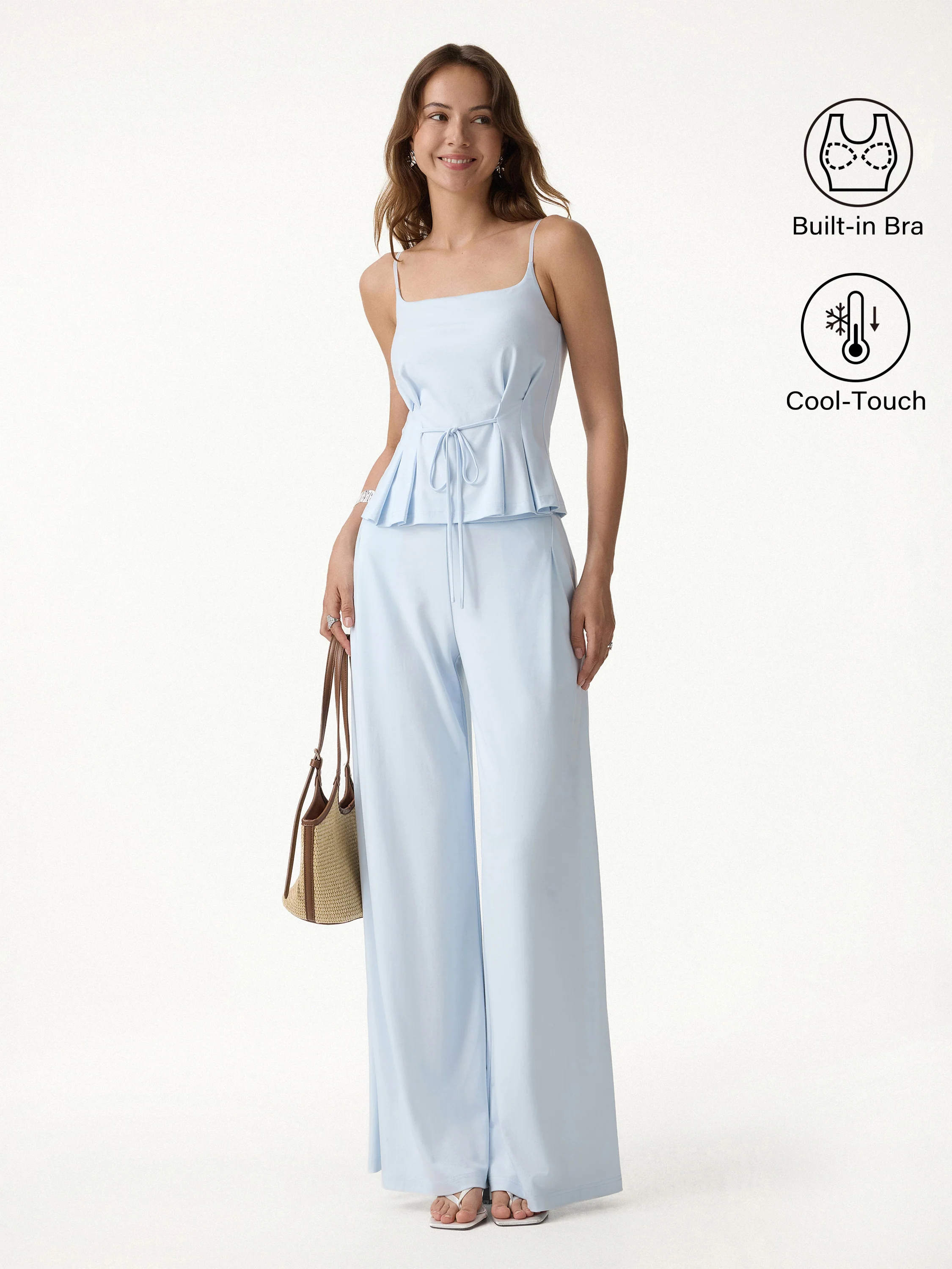 2Pcs Set Spaghetti Bra Top & Wide Leg Pants with Pockets