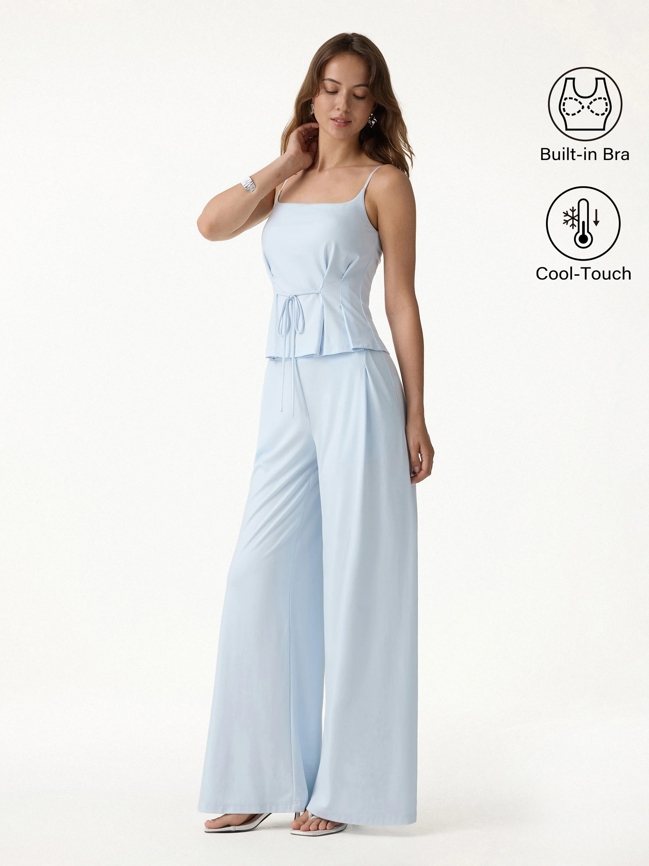 2Pcs Set Spaghetti Bra Top & Wide Leg Pants with Pockets - Image 2
