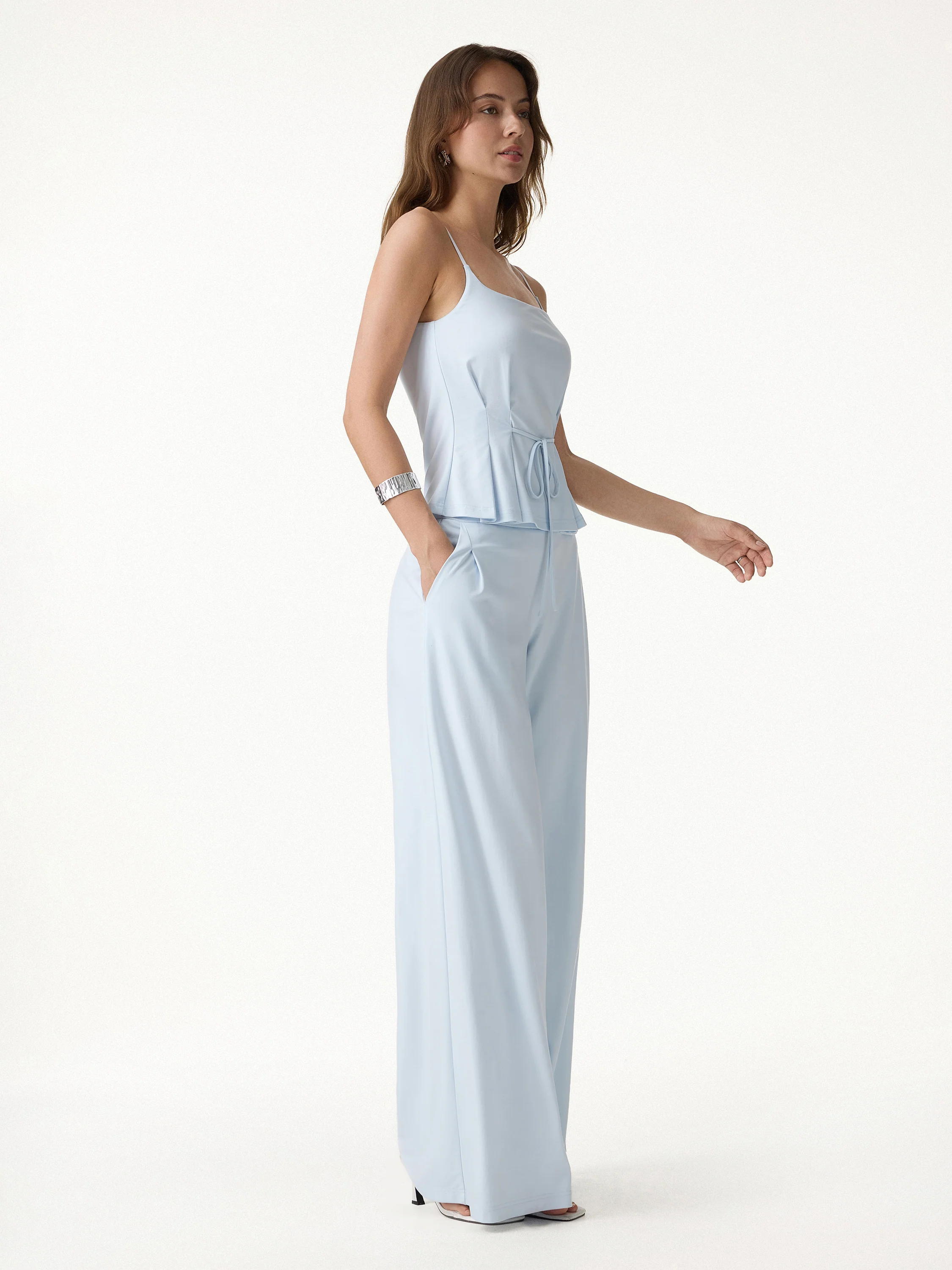 2Pcs Set Spaghetti Bra Top & Wide Leg Pants with Pockets - Image 3