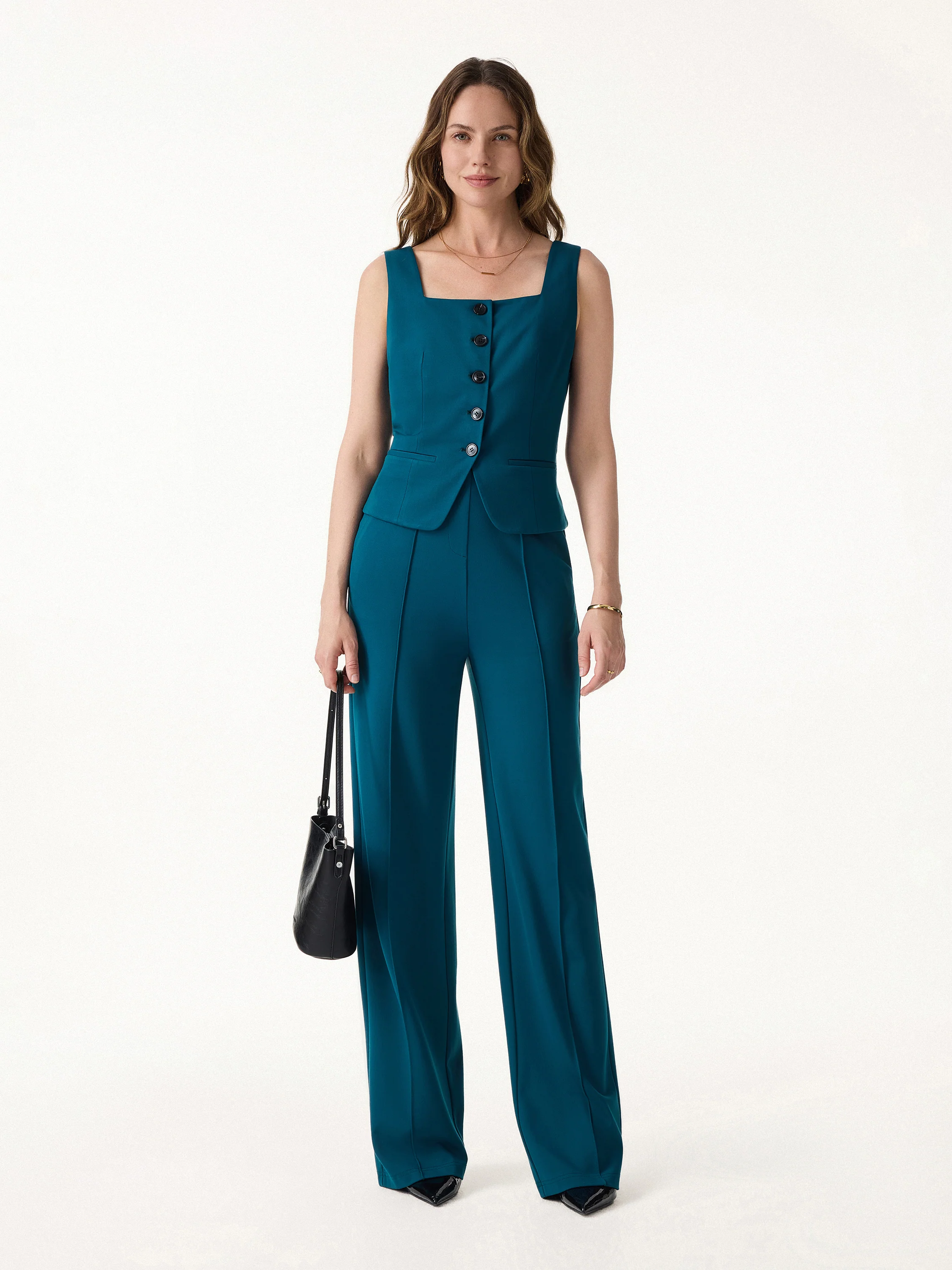 2Pcs Set Square Neck Waistcoat with Pockets & Wide Leg Ankled Pant