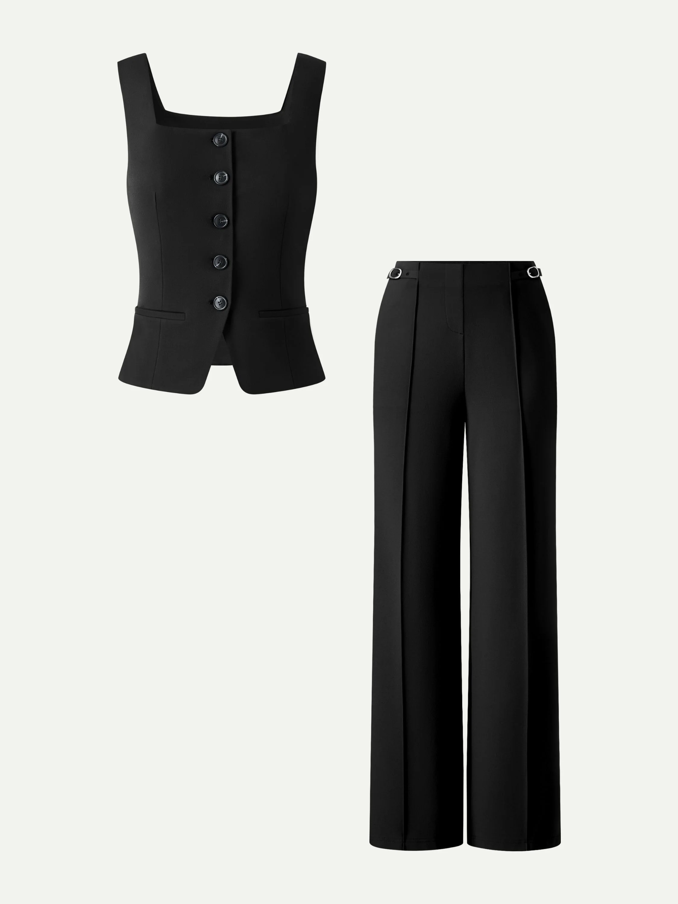 2Pcs Set Square Neck Waistcoat with Pockets & Wide Leg Ankled Pant - Image 8