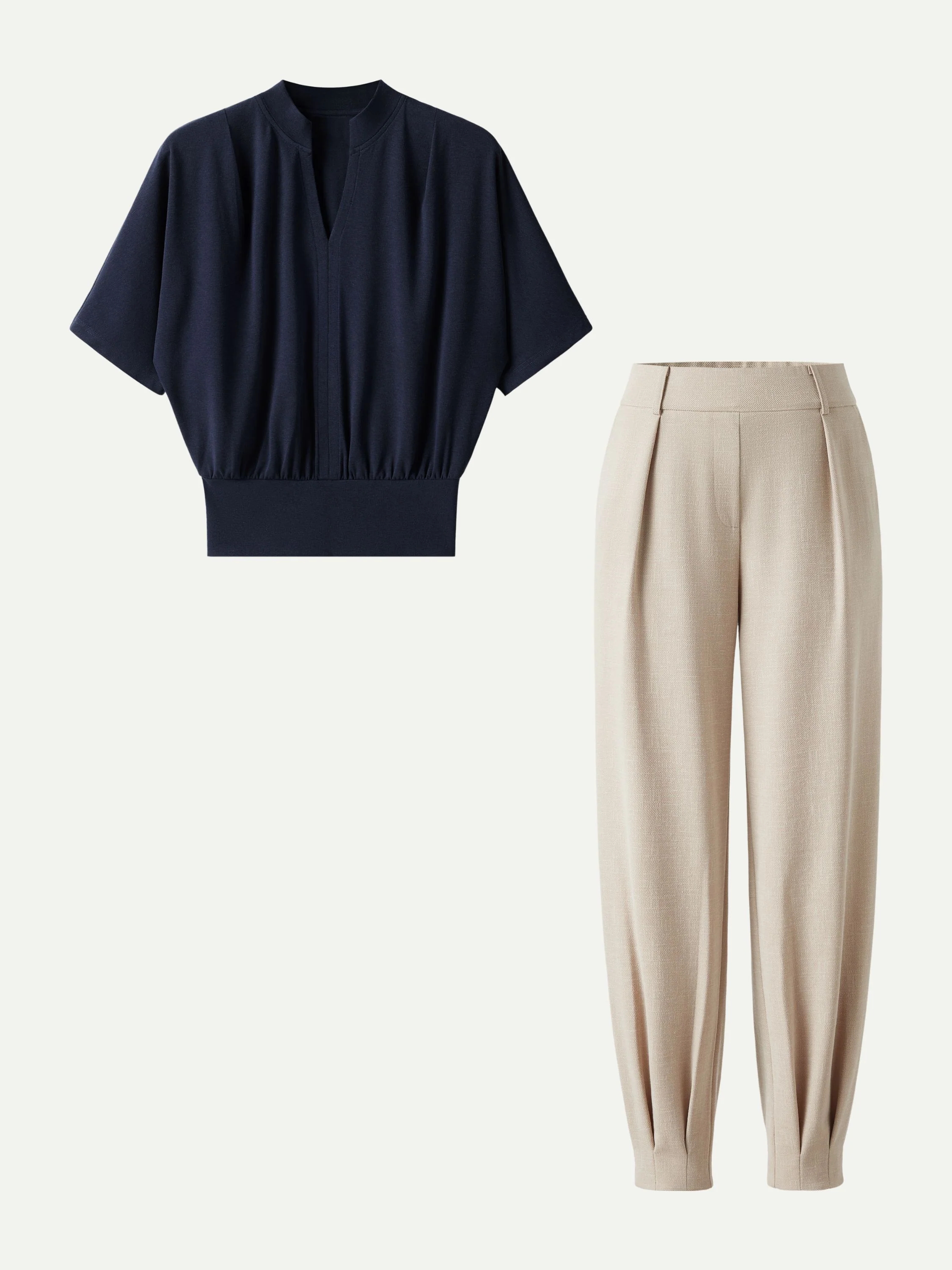 2Pcs Set Stand Collar V-Neck Top & Wrinkle-Resistant Tapered Pant - Image 3