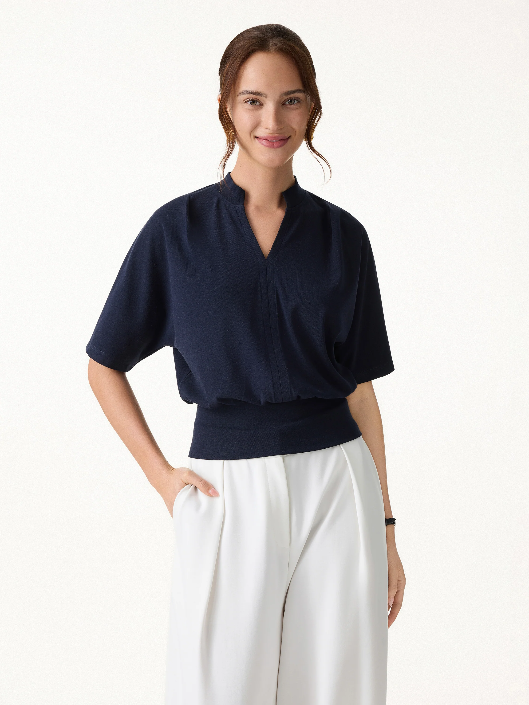 2Pcs Set Stand Collar V-Neck Top & Wrinkle-Resistant Tapered Pant - Image 8