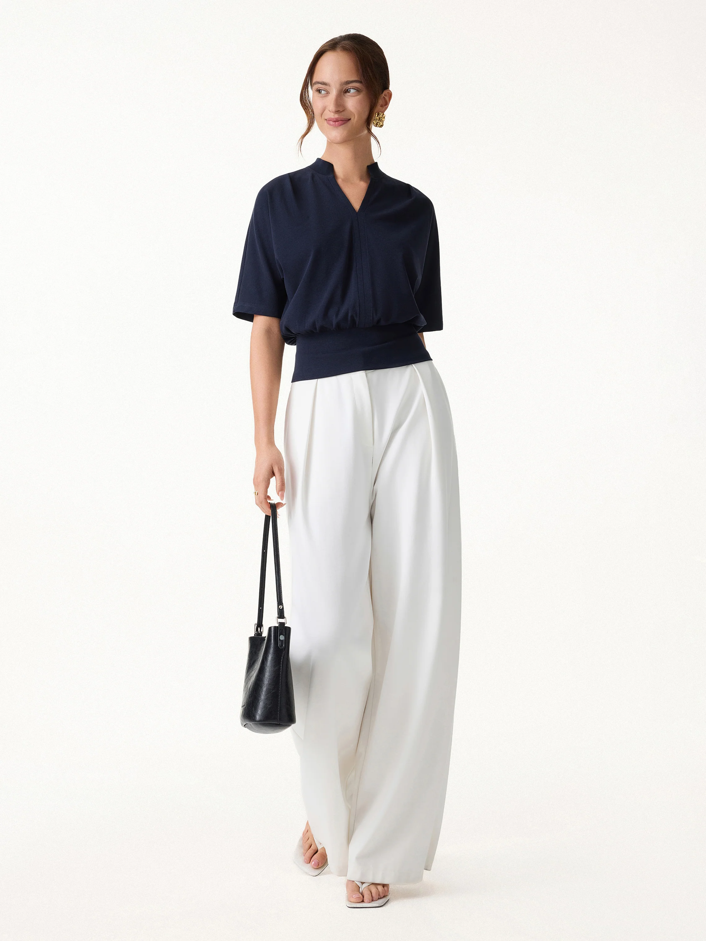 2Pcs Set Stand Collar V-Neck Top & Wrinkle-Resistant Tapered Pant - Image 9