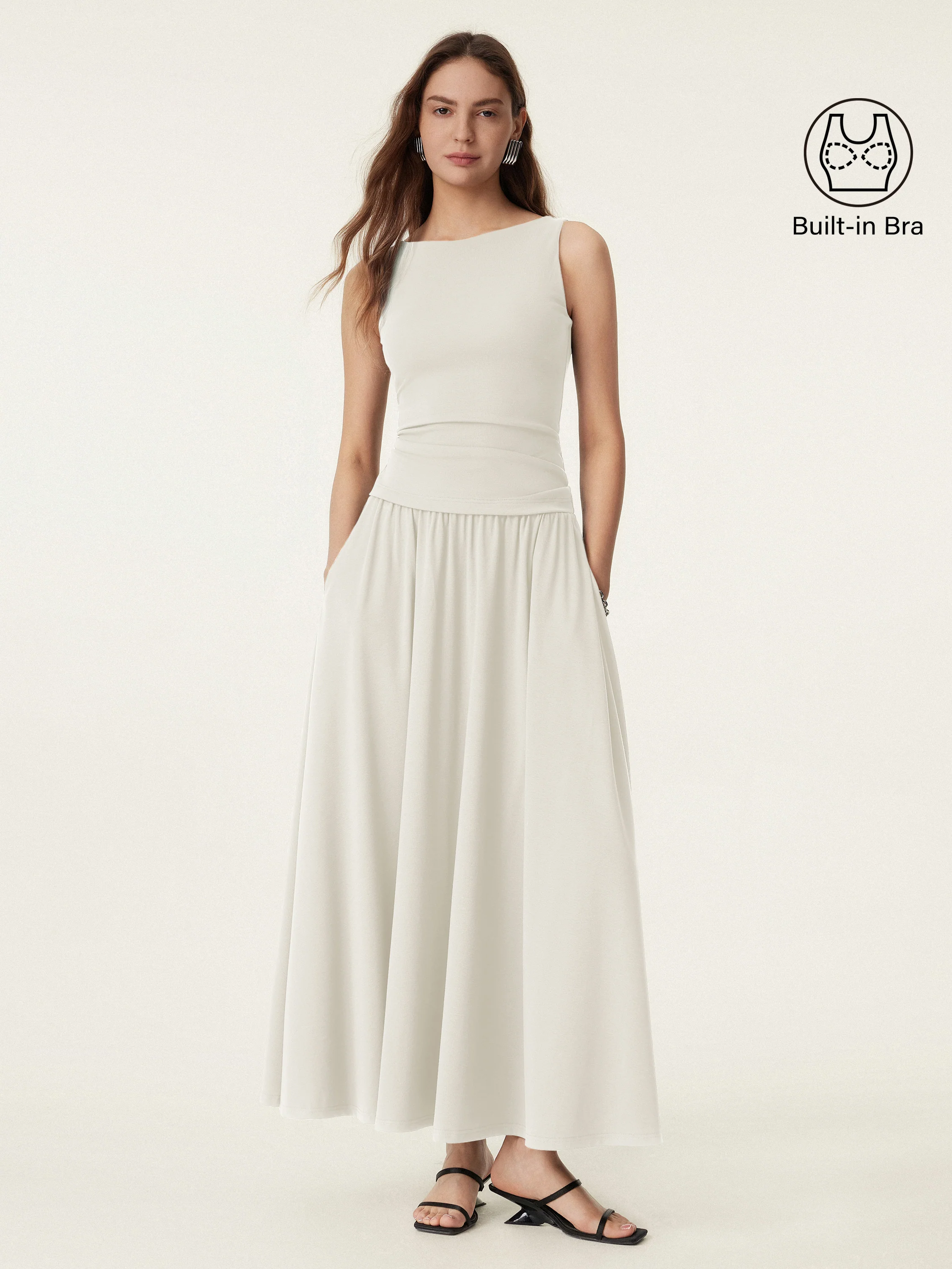 2Pcs Set Stretch Cotton Boatneck Bra Tank & Maxi Umbrella Skirt with Pockets - Image 7