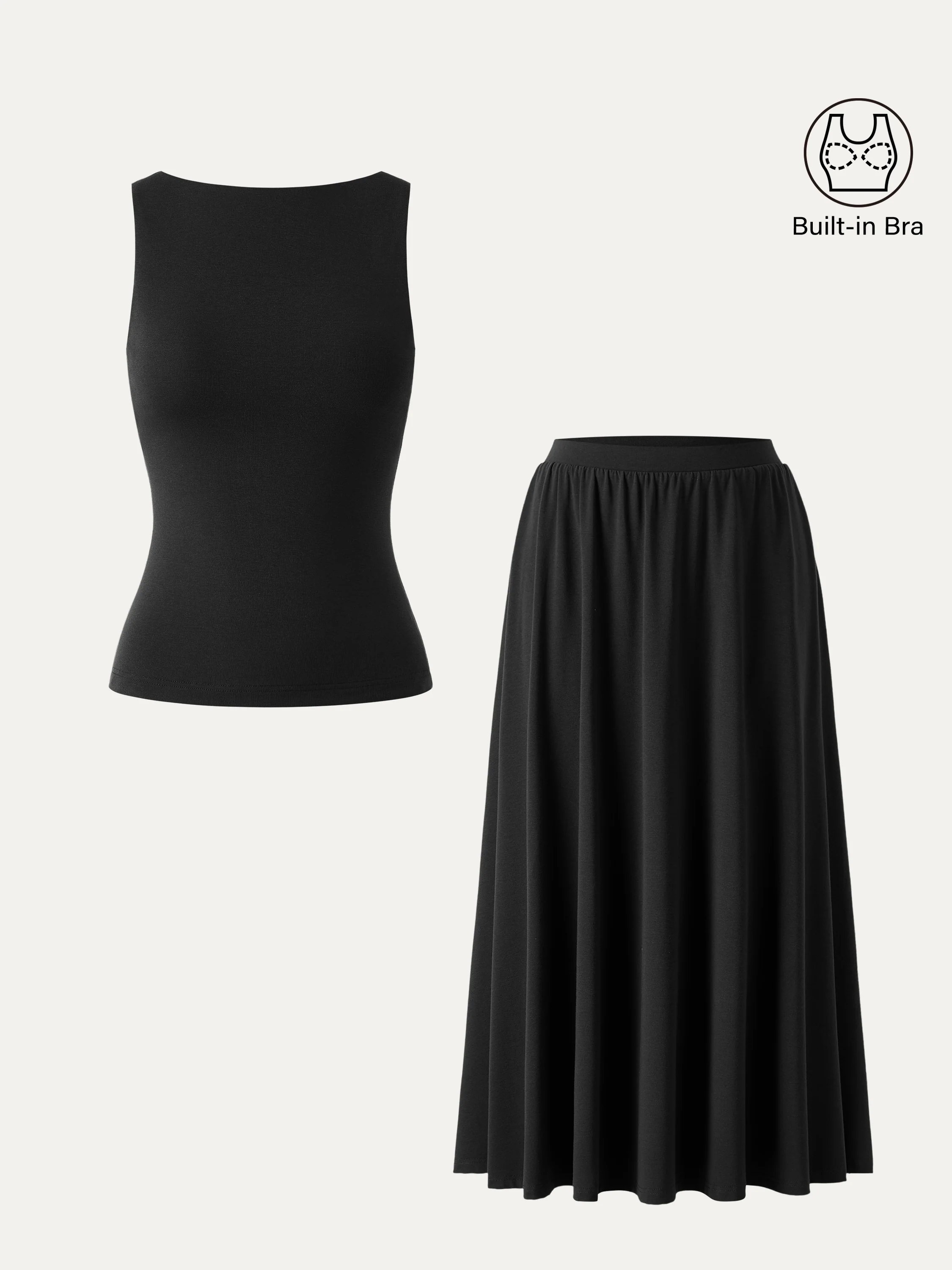 2Pcs Set Stretch Cotton Boatneck Bra Tank & Maxi Umbrella Skirt with Pockets - Image 9