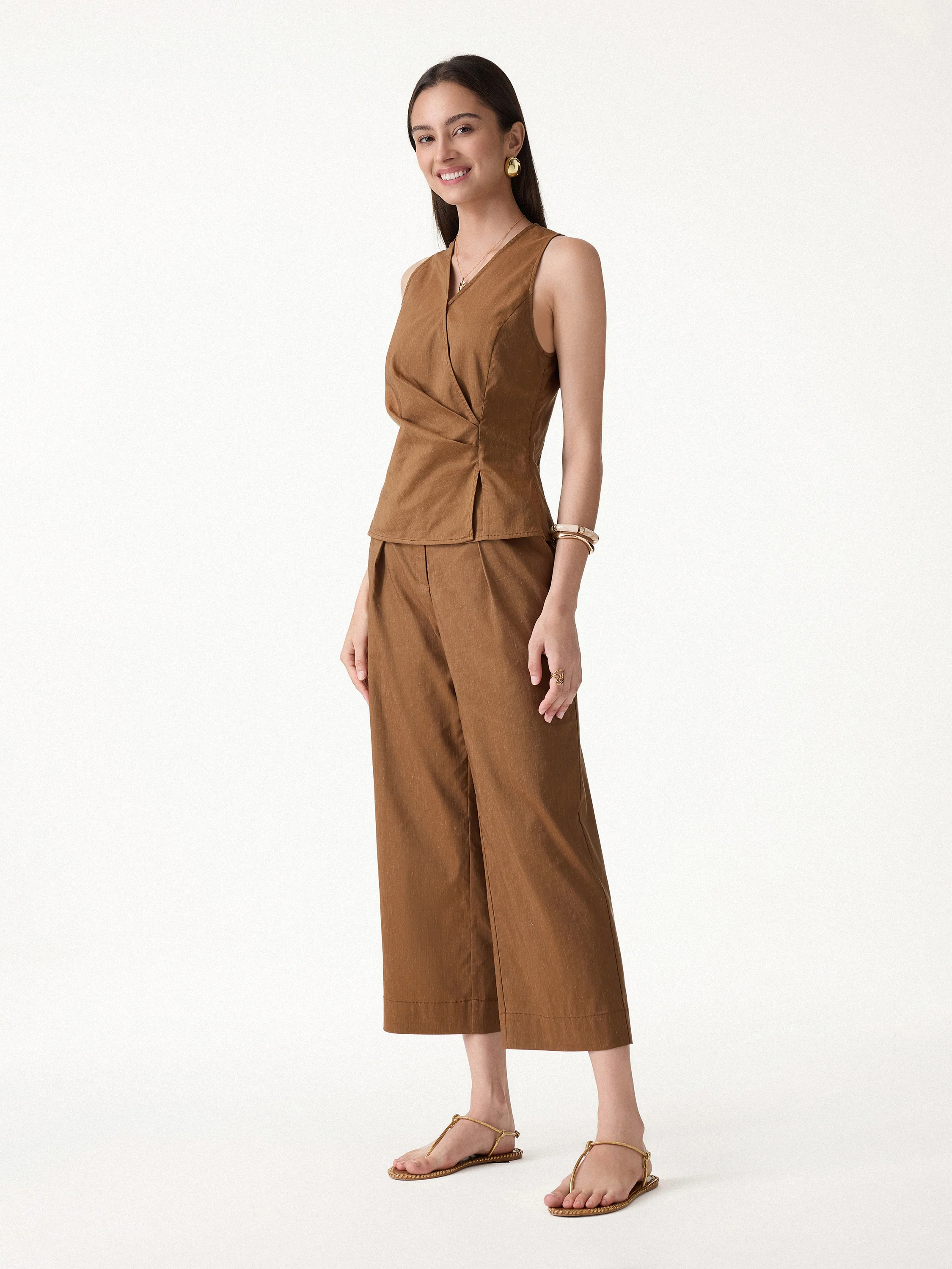 2Pcs Set Top with Side Twist & Cropped Wide Leg Pants - Image 3