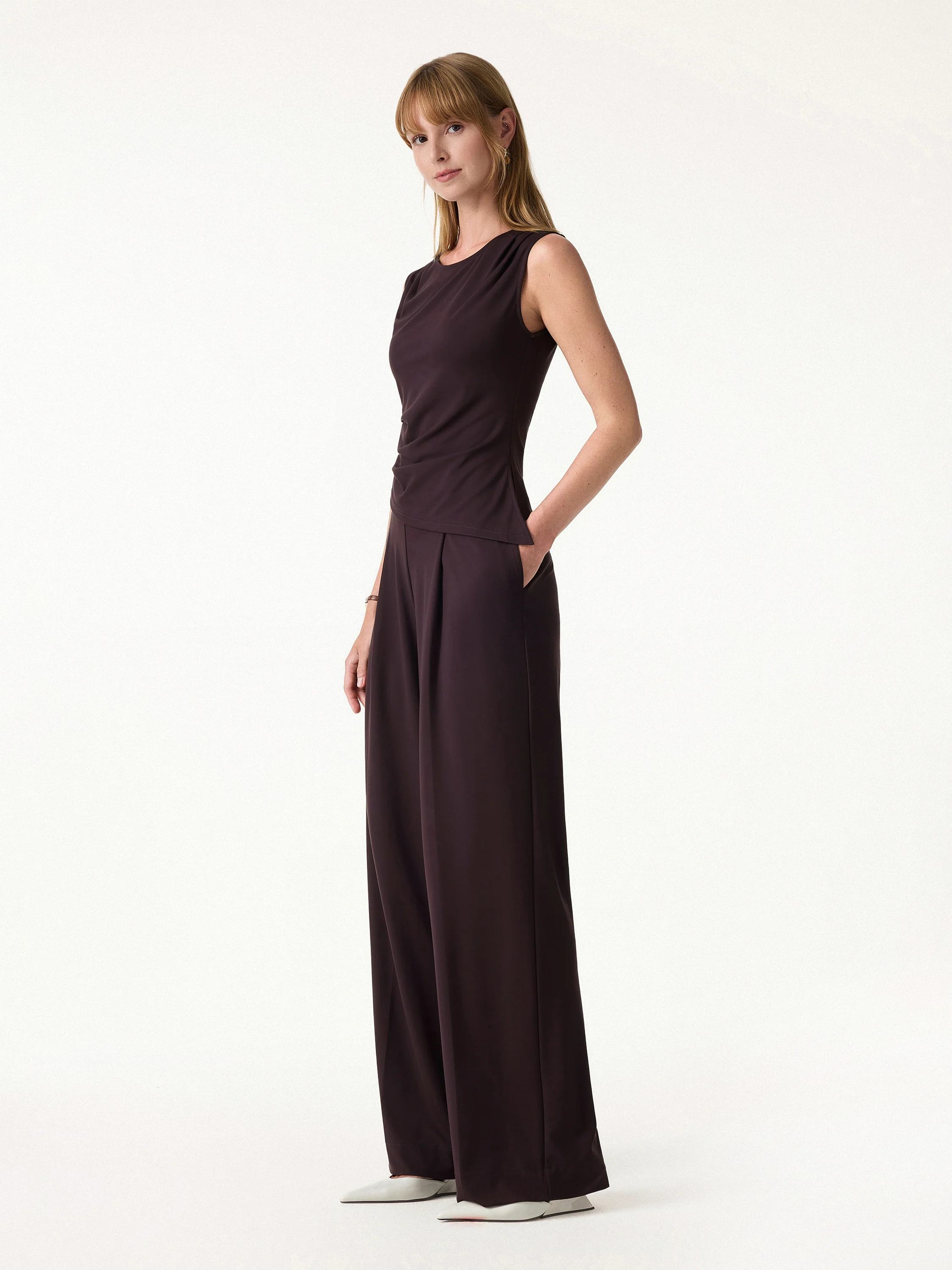 2Pcs Set Tucked Asymmetrical Hem Top & High Rise Wide Leg Pant - Image 5