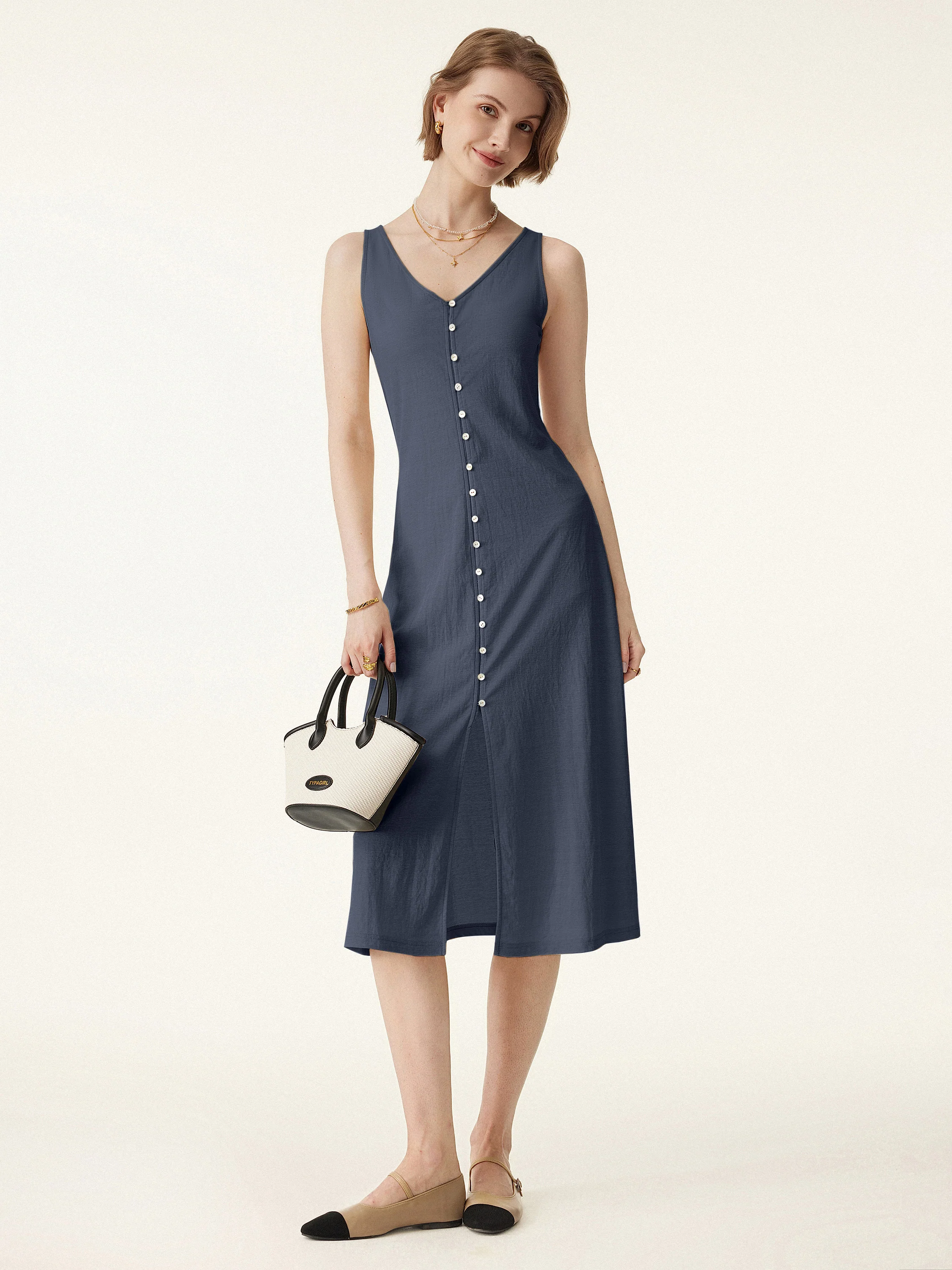 Multi-wear V-neck Button Front Midi Vest Dress - Image 5