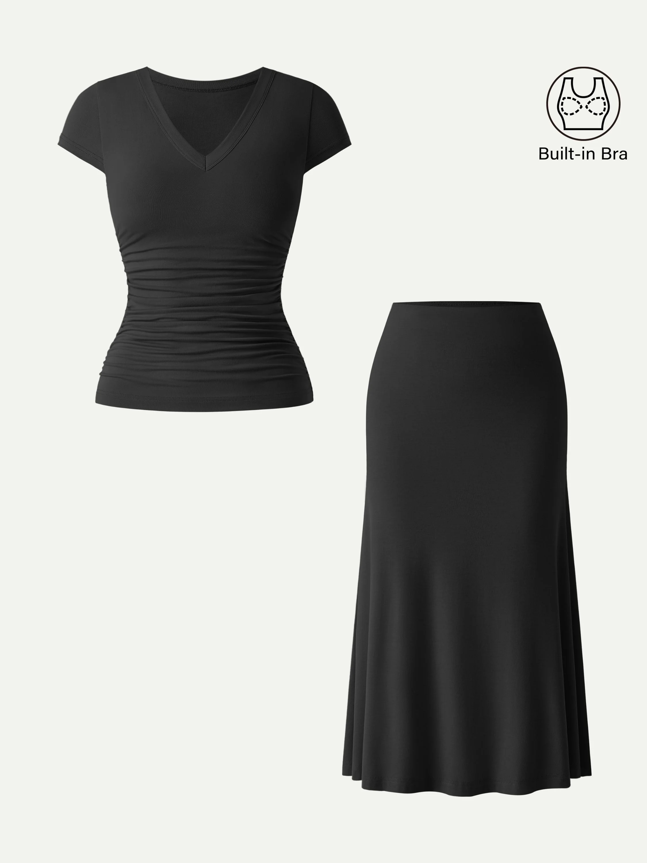 2Pcs Set V-neck Cap Sleeve Bra Tee & Pull-on Mermaid Midi Skirt - Image 2