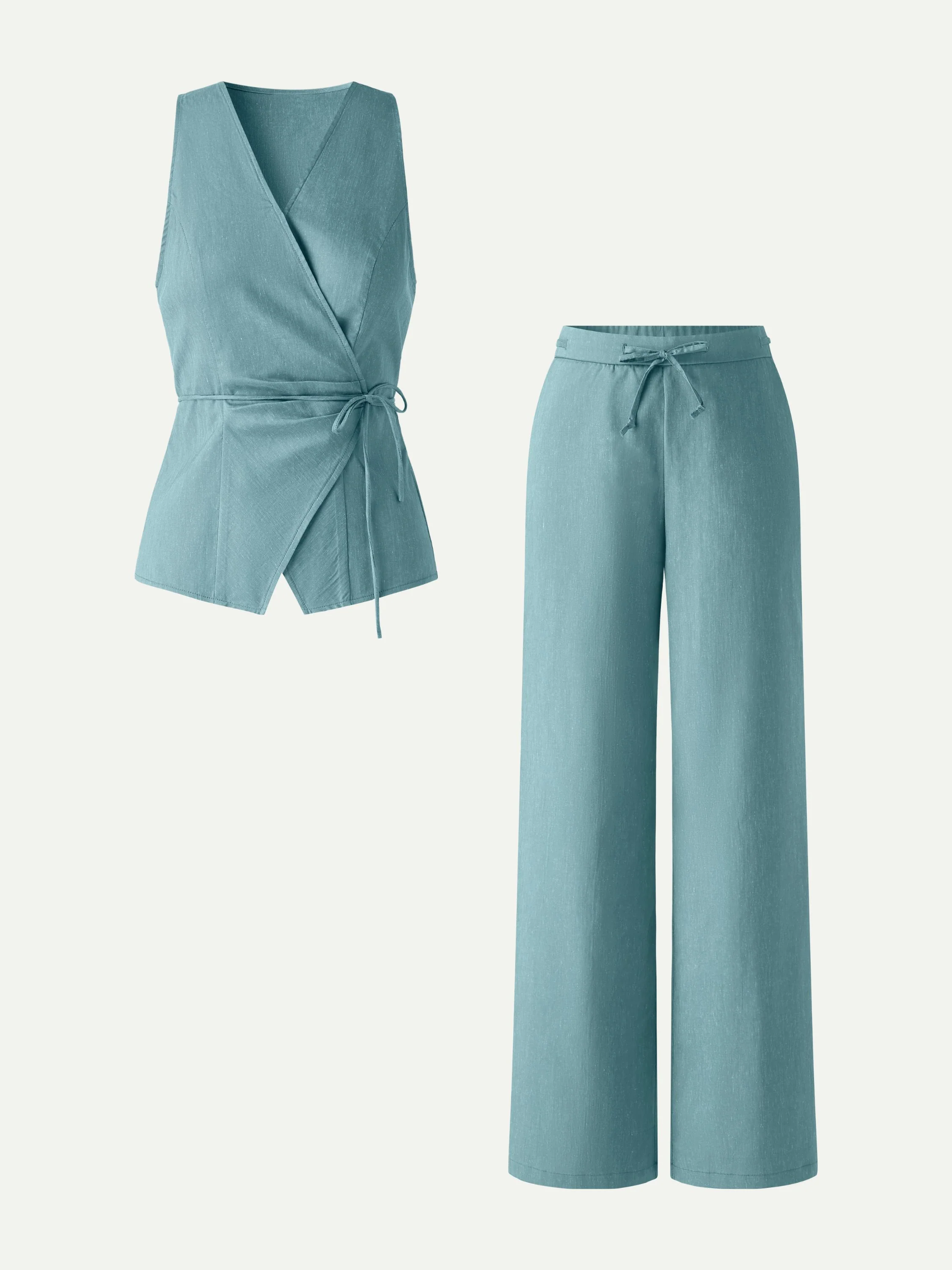 2Pcs Set Wrap Top with Self-Tie & Drawstring Wide Leg Pant with Pockets - Image 13